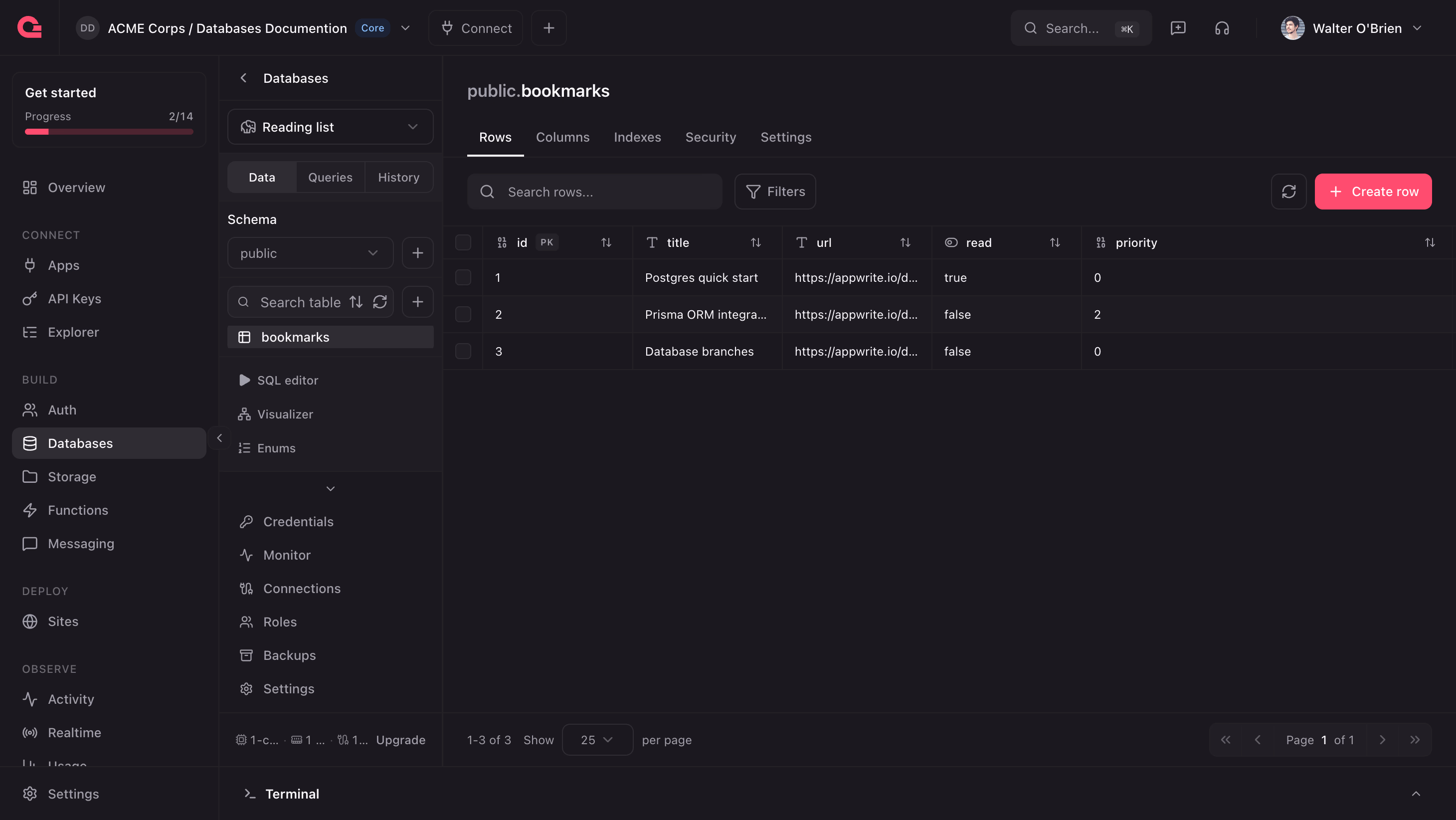 Saved bookmarks with the quick start marked as read and the Prisma ORM integration prioritized