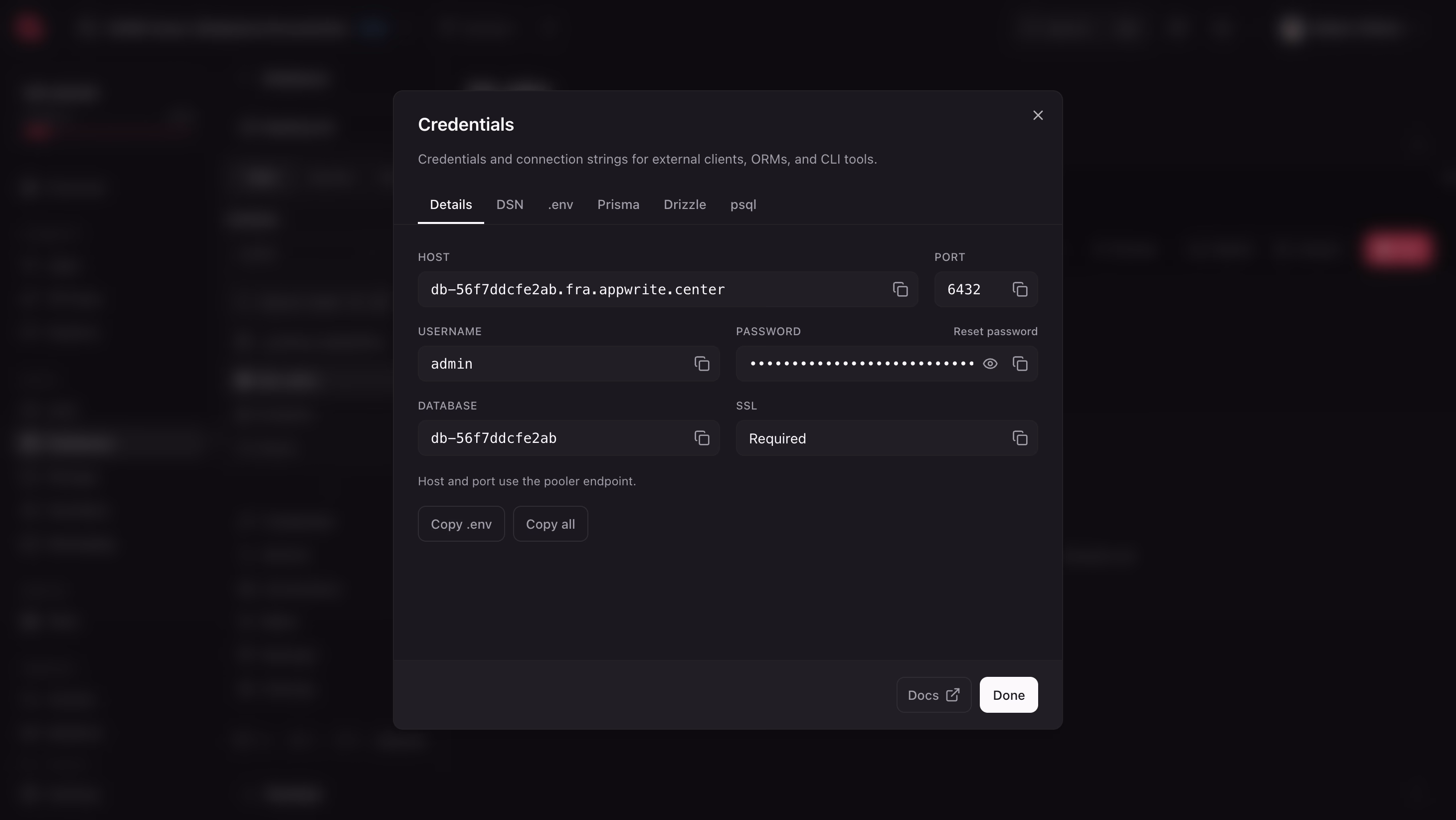 Connection credentials for the Reading list database with the password hidden