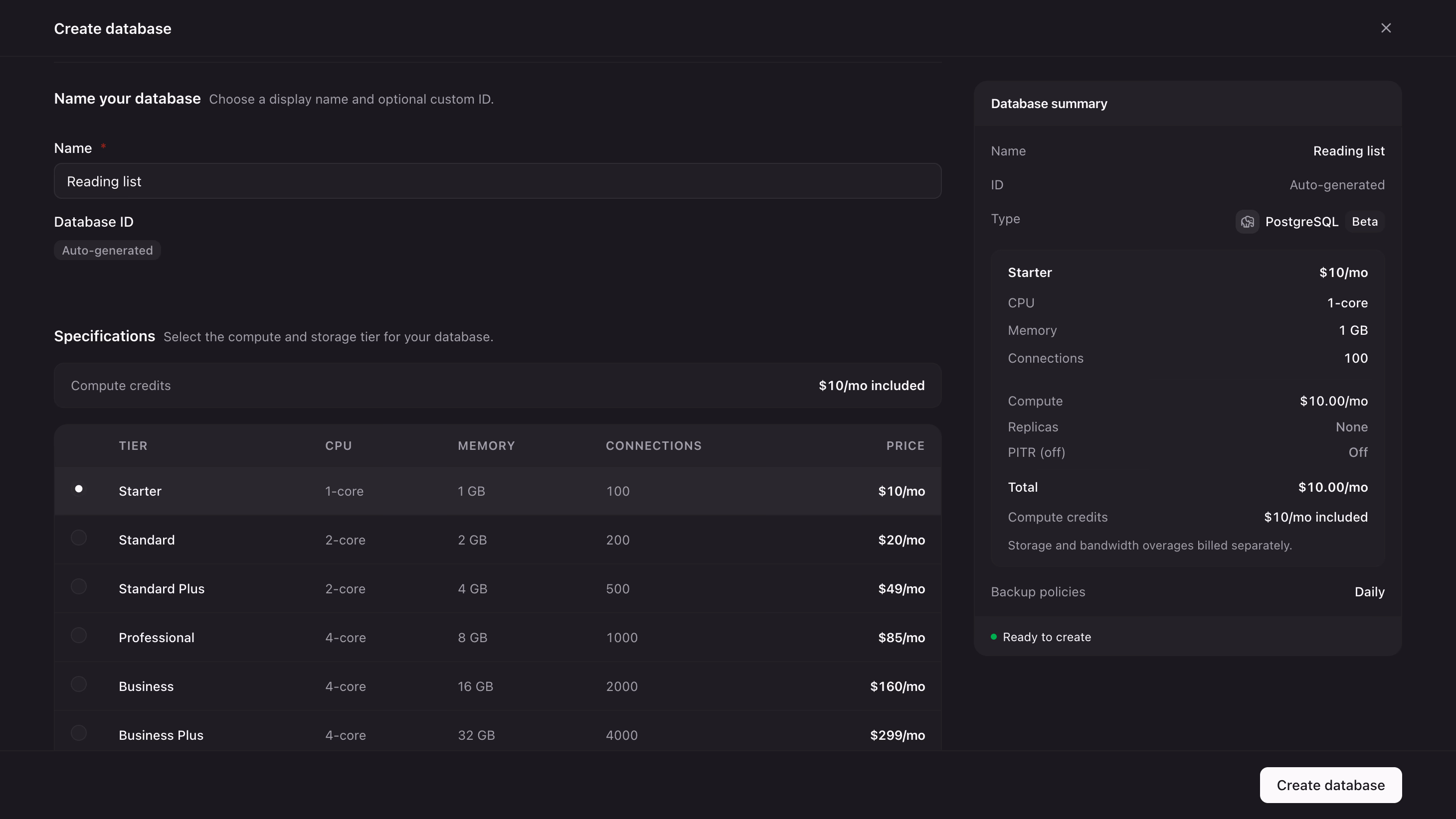 The PostgreSQL option under Native databases