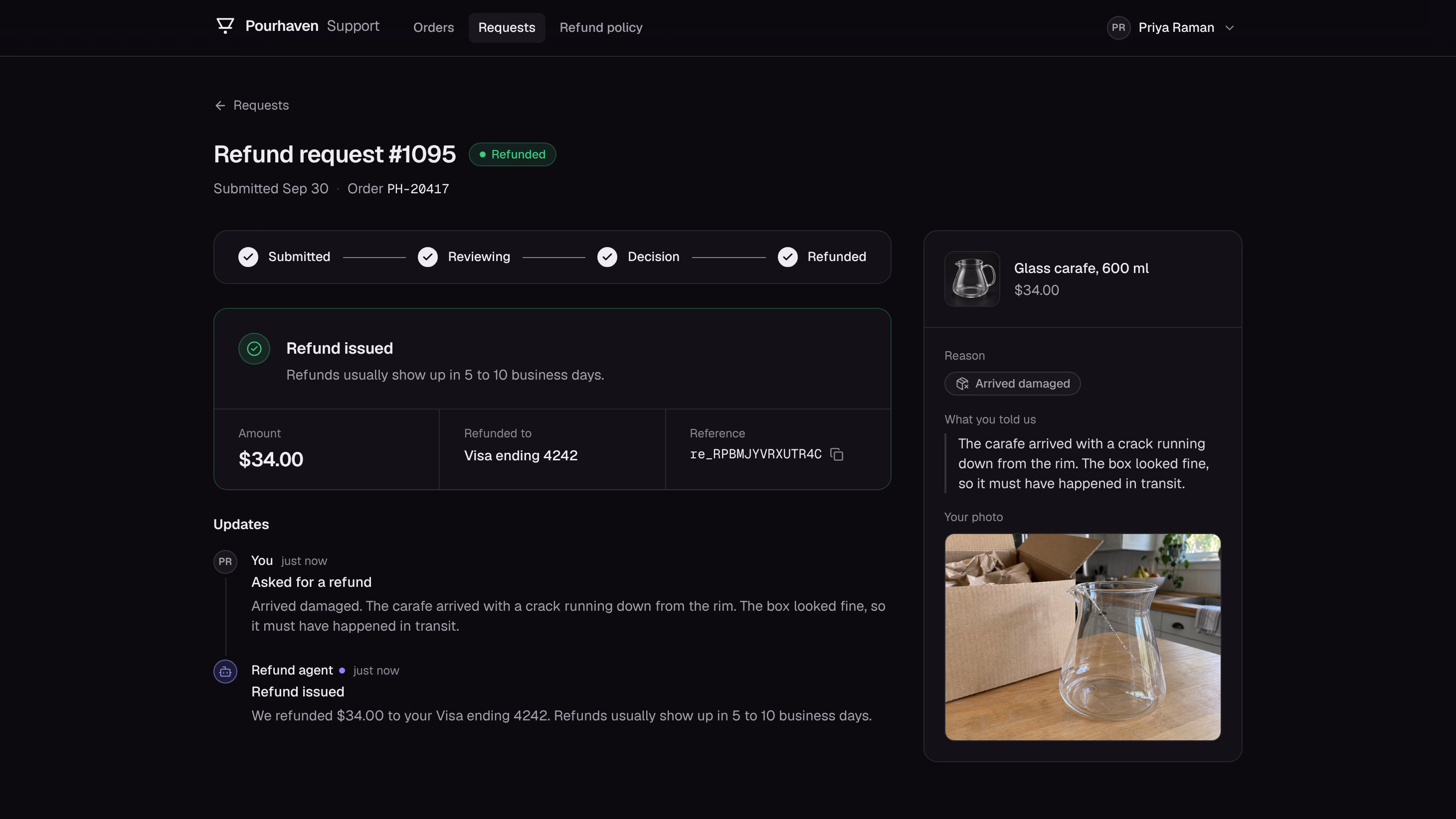 The customer request page for the carafe with the status Refunded, the refund of $34.00 to the Visa card, the payment reference, and the updates from the refund agent