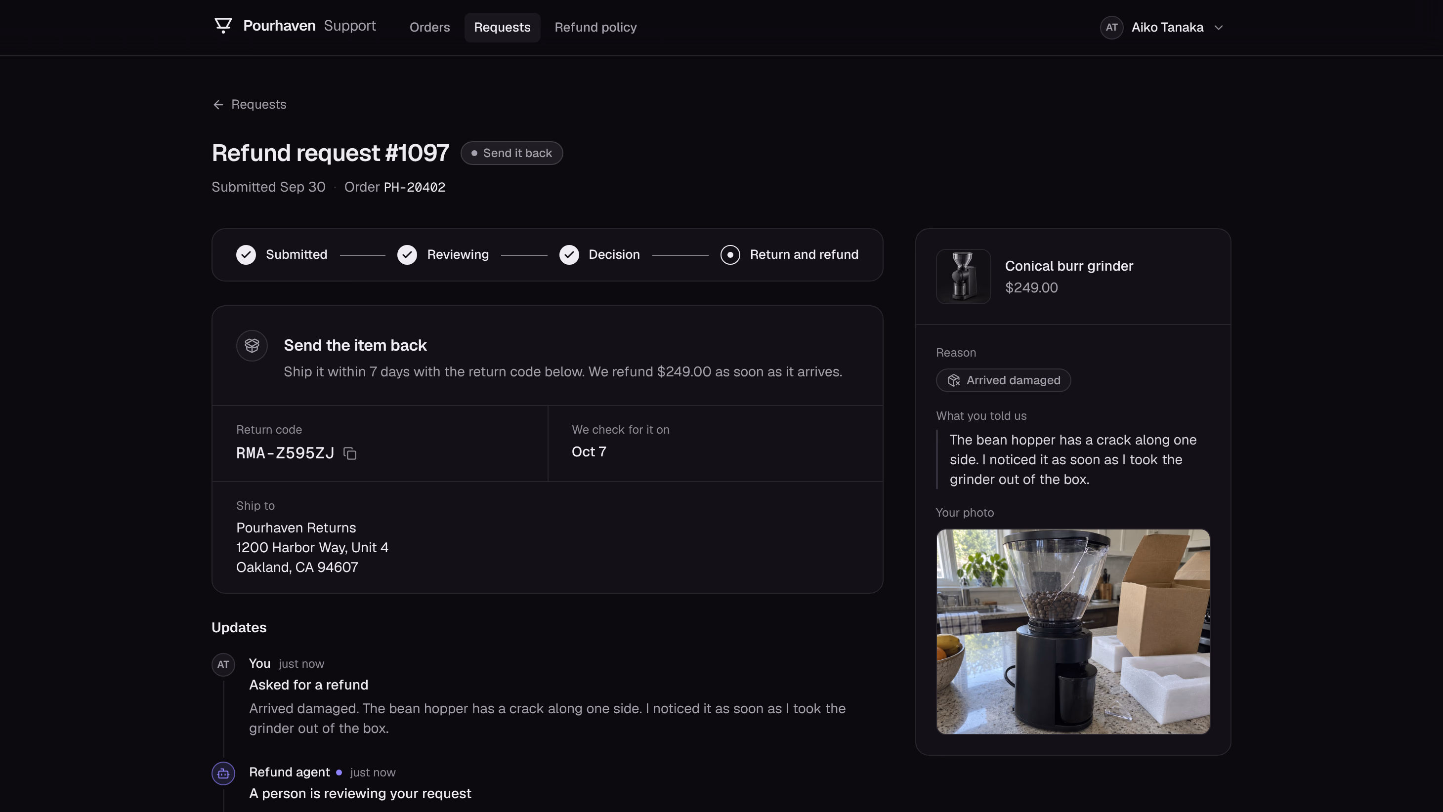 The customer request page for the grinder with the return code, the date of the return check, and the address to ship the item to