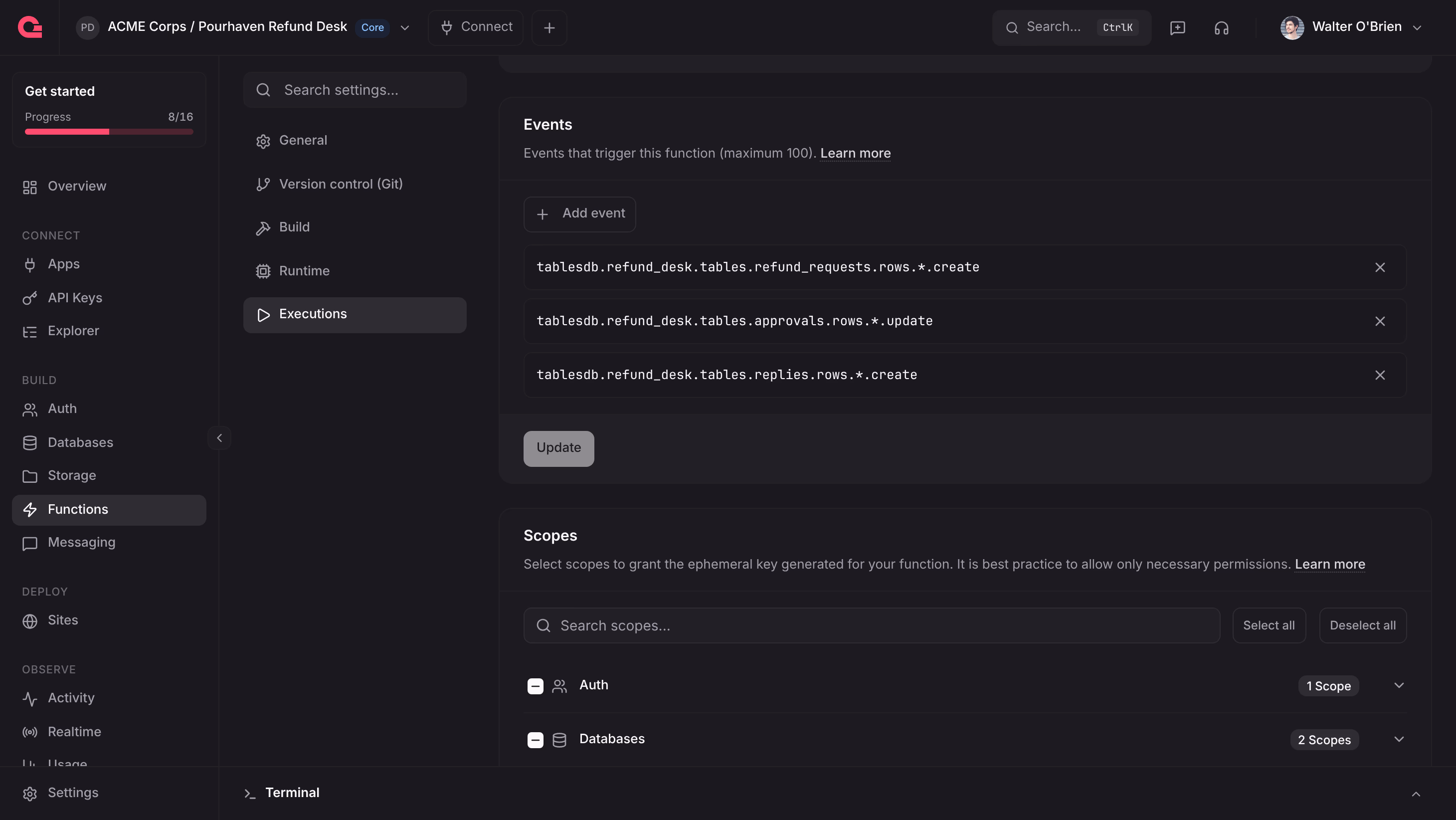 The Executions settings of the refund-agent function in the Appwrite Console with three events: refund_requests row create, approvals row update, and replies row create