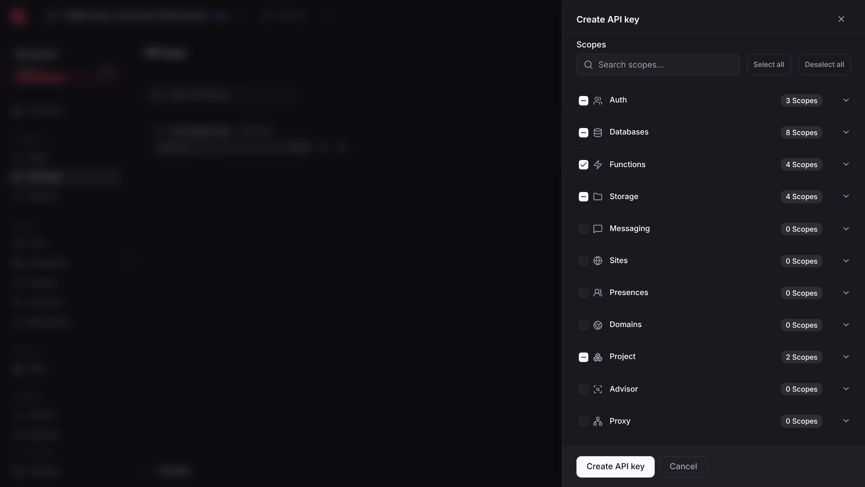 The Create API key panel in the Appwrite Console with scopes selected in the Auth, Databases, Functions, Storage, and Project groups