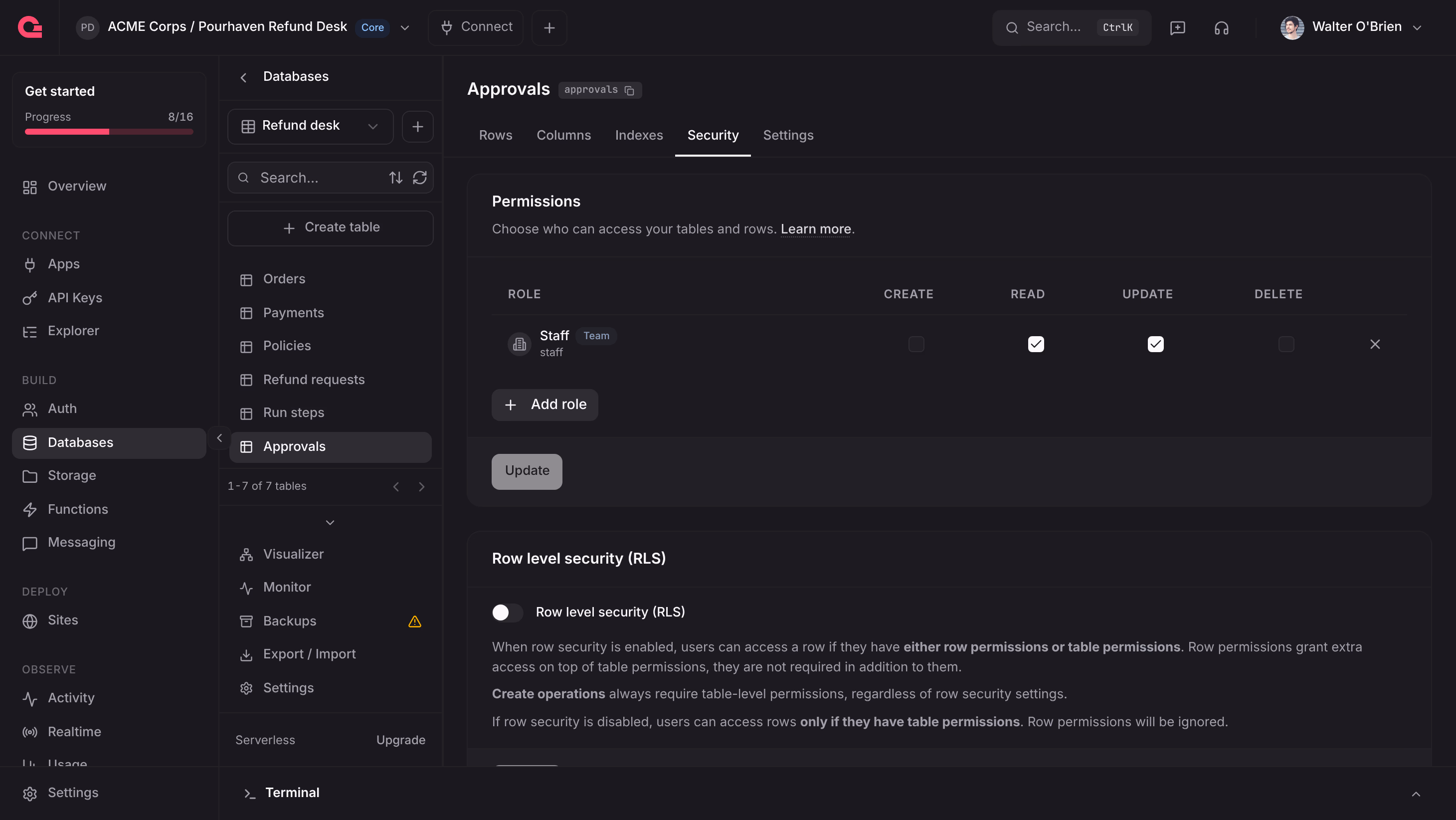 The Security tab of the approvals table in the Appwrite Console with the Staff team granted Read and Update, and row level security turned off