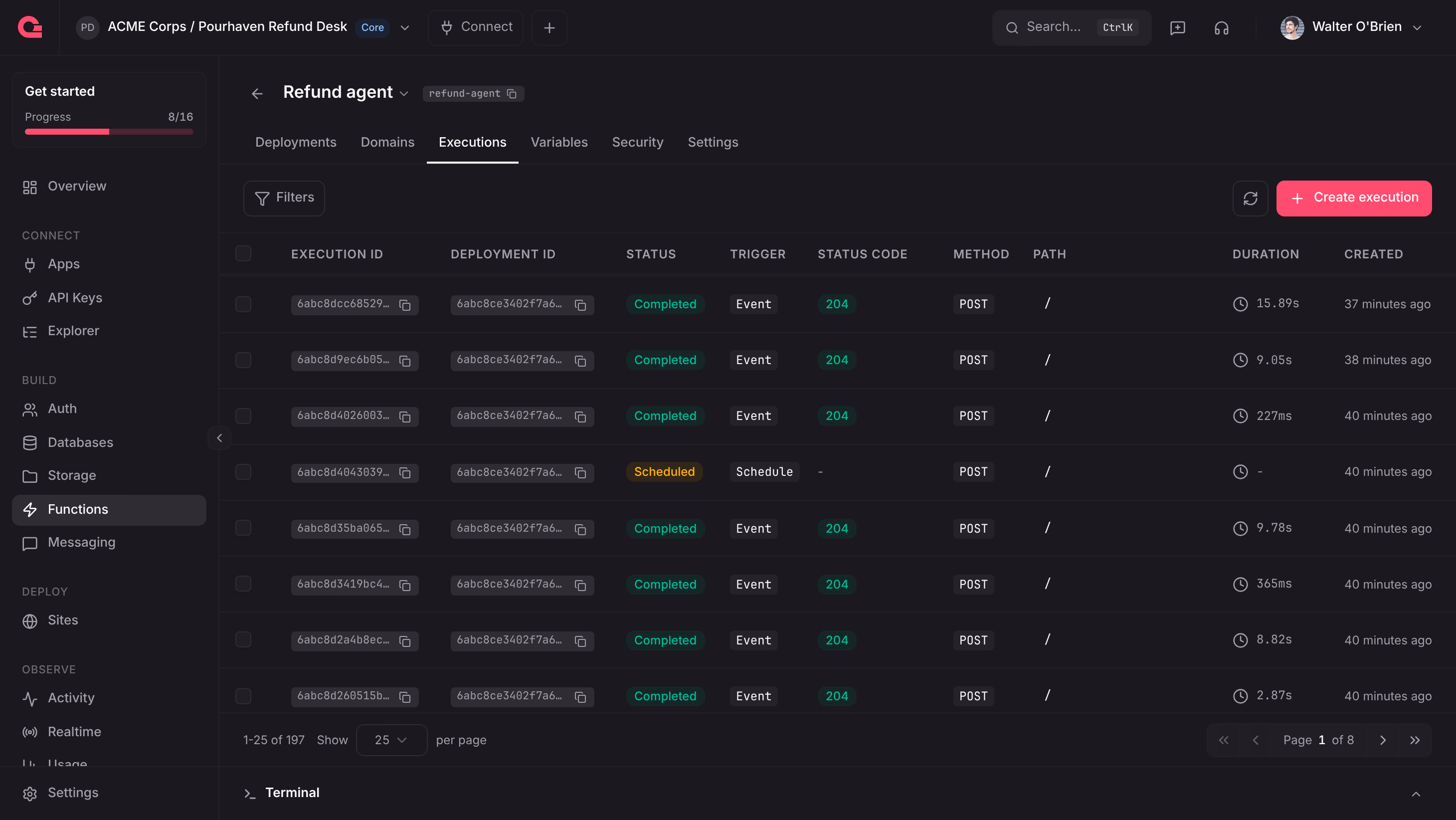 The Executions tab of the refund-agent function in the Appwrite Console with event executions and one scheduled execution seven days ahead