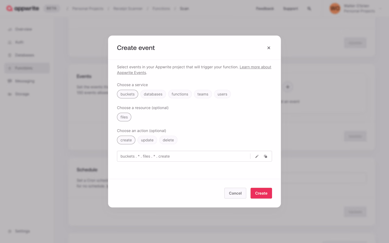 Appwrite event triggers for Function