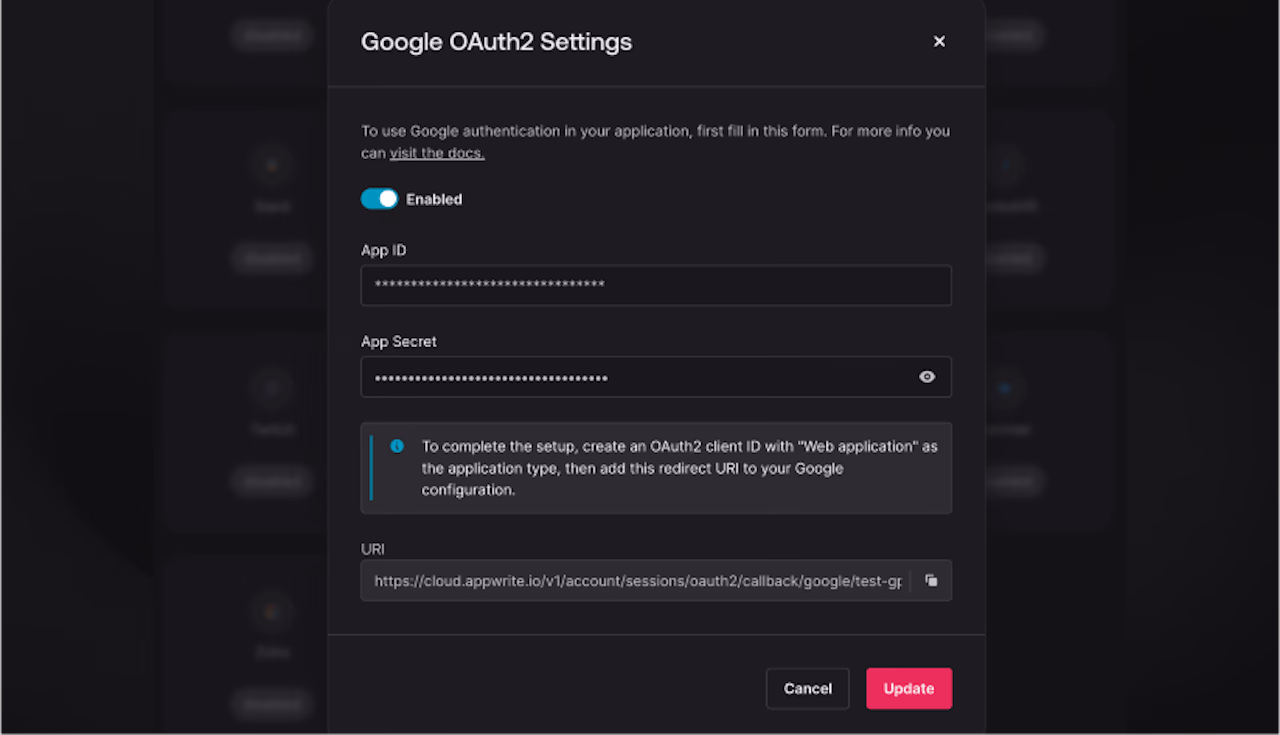 Appwrite Google OAuth2 credentials
