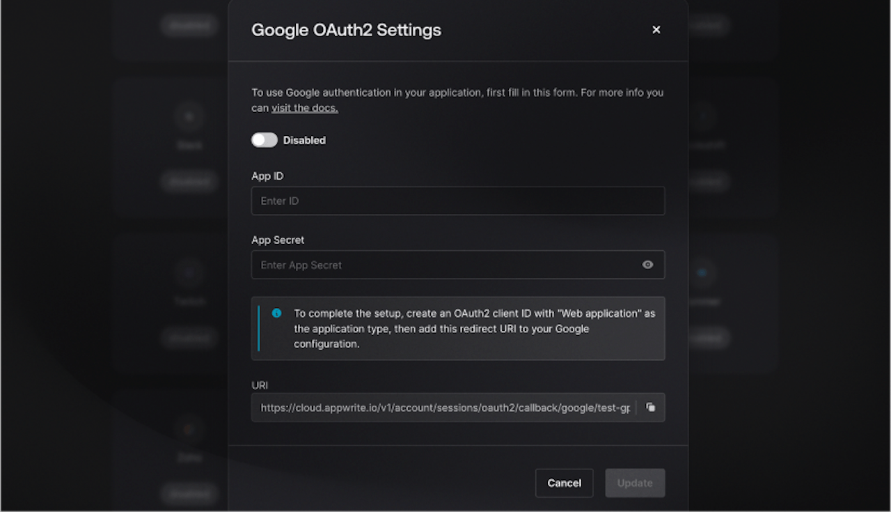 Appwrite Google OAuth2 settings