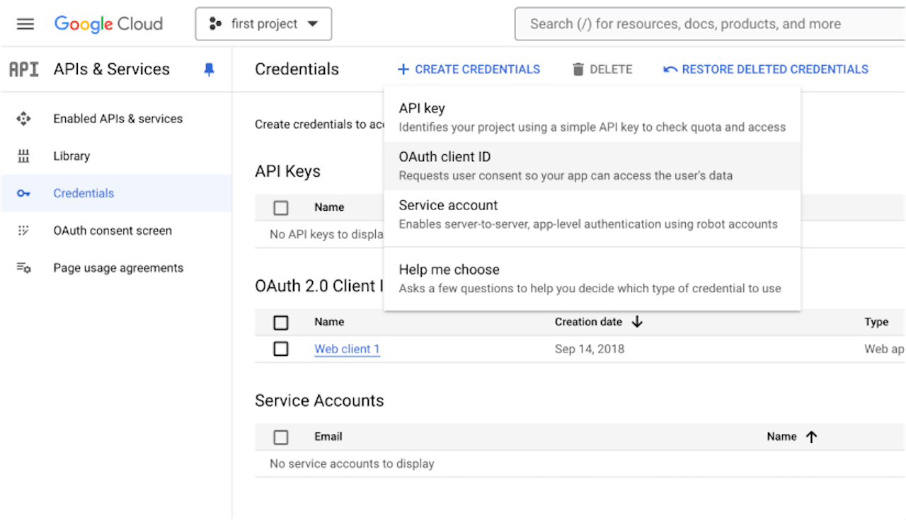 Google cloud create credentials