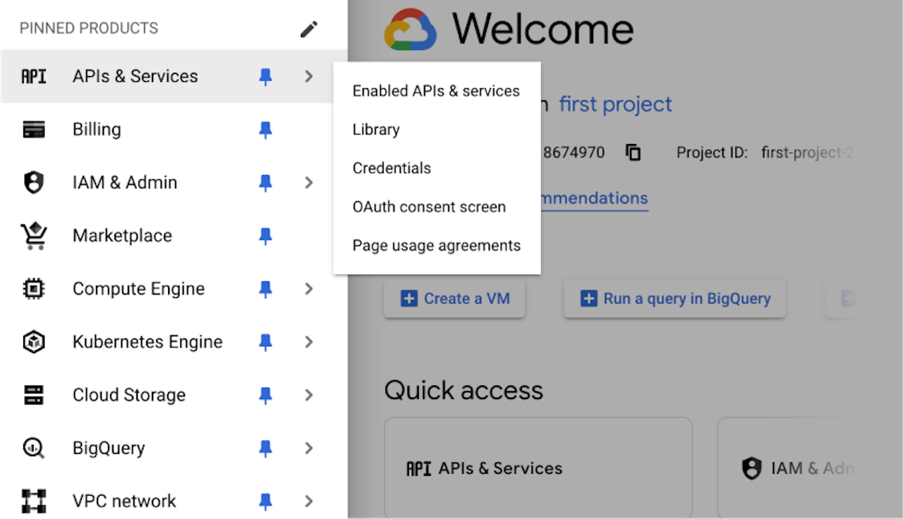 Google cloud console view