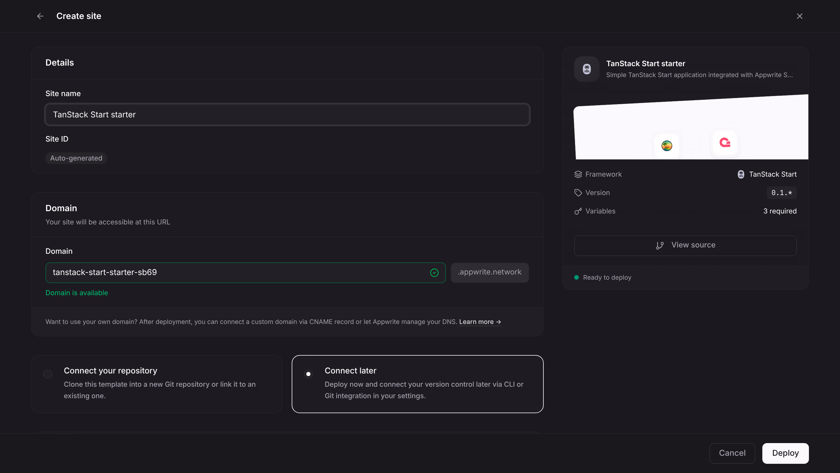 Creating a site from the TanStack Start starter template