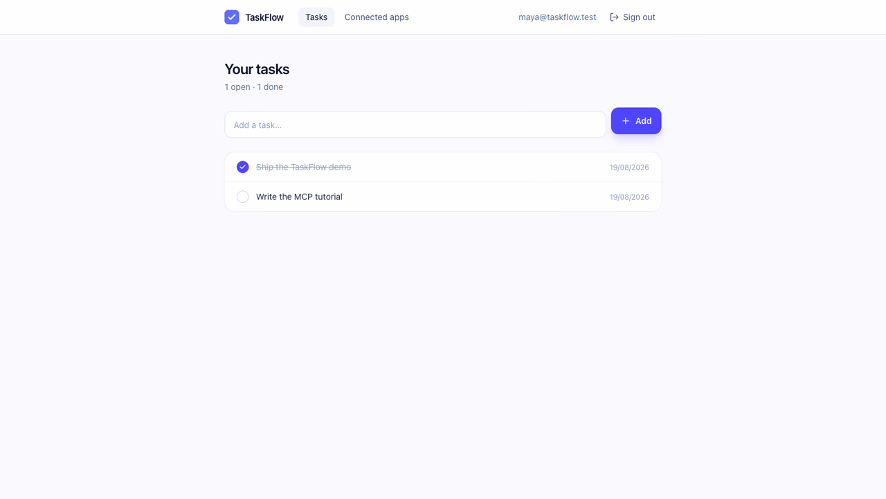 The TaskFlow dashboard with tasks created from Claude Code