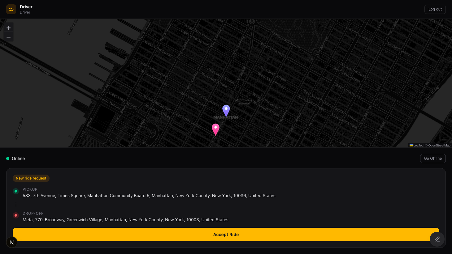 Driver seeing a nearby ride request