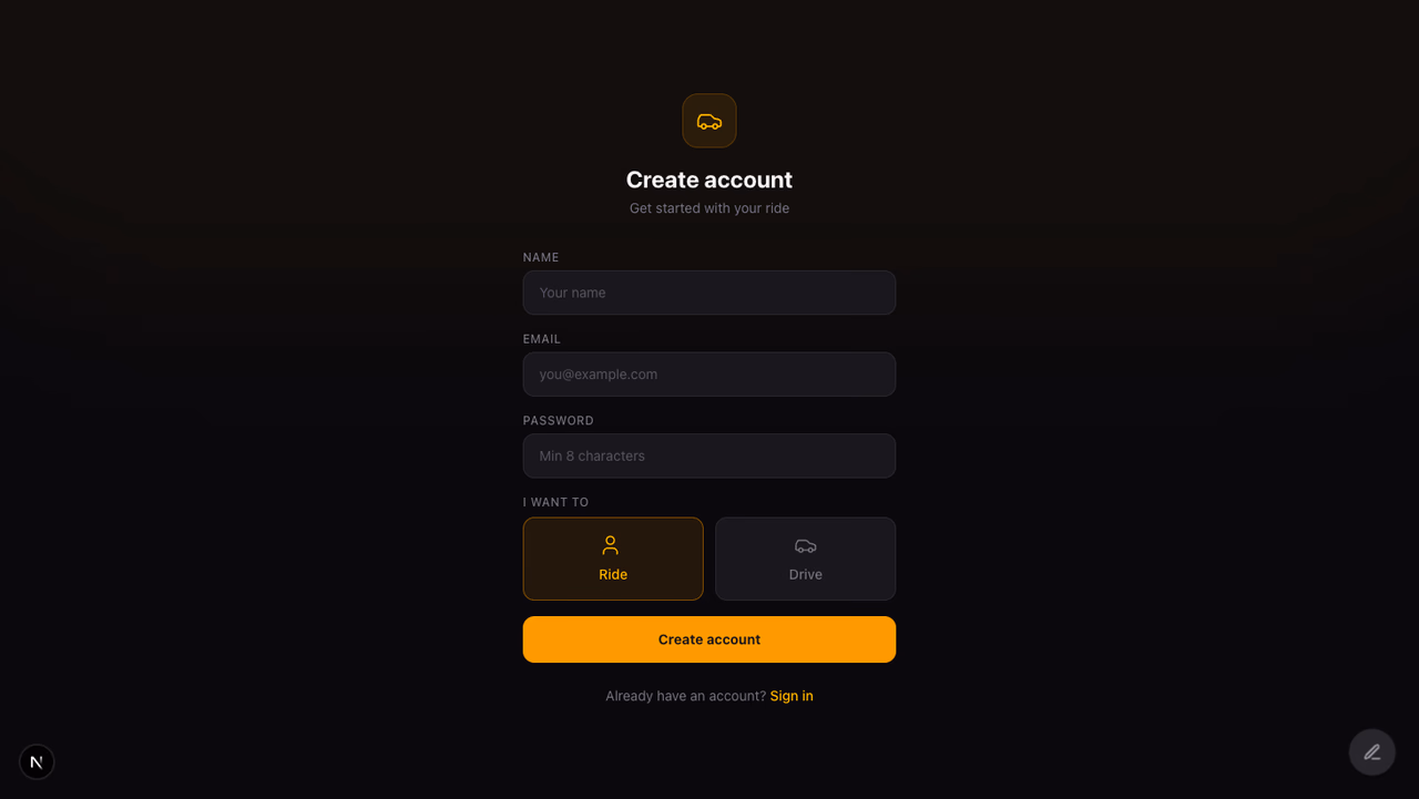 Signup page with role selection
