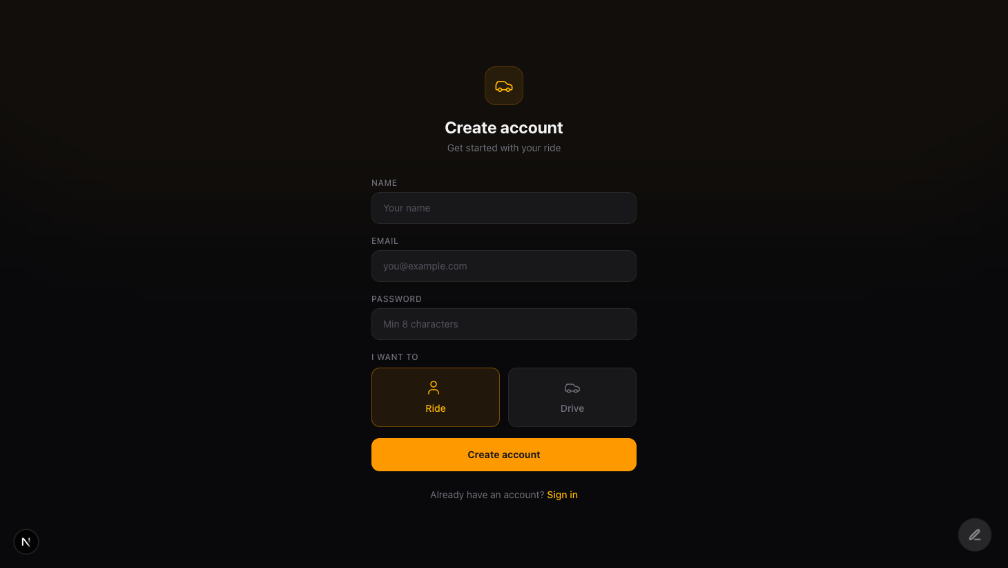 Signup page with role selection