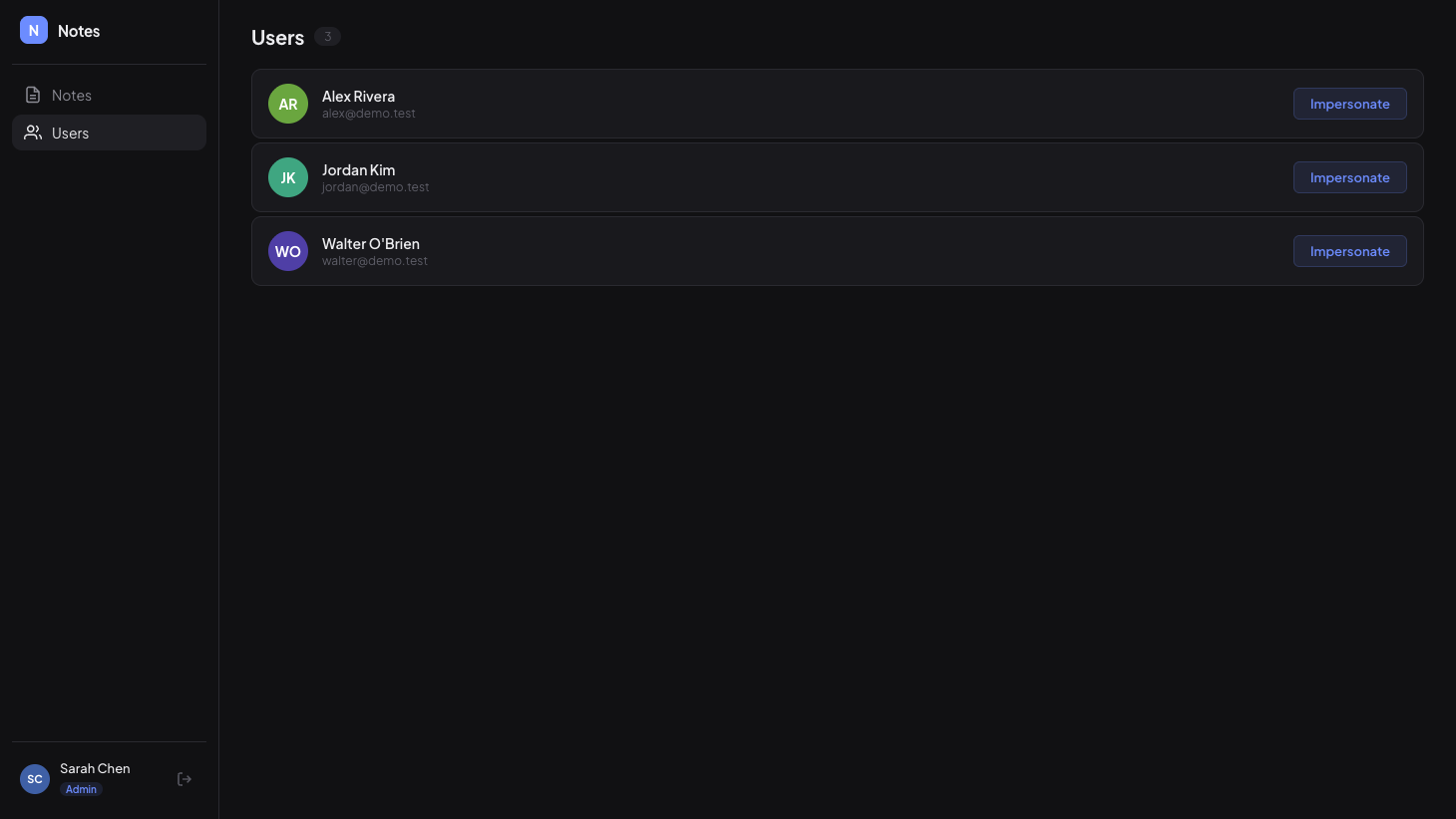 Users list with Impersonate buttons