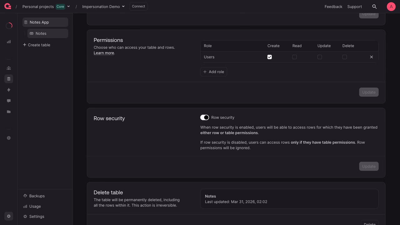 Table permissions and row security settings