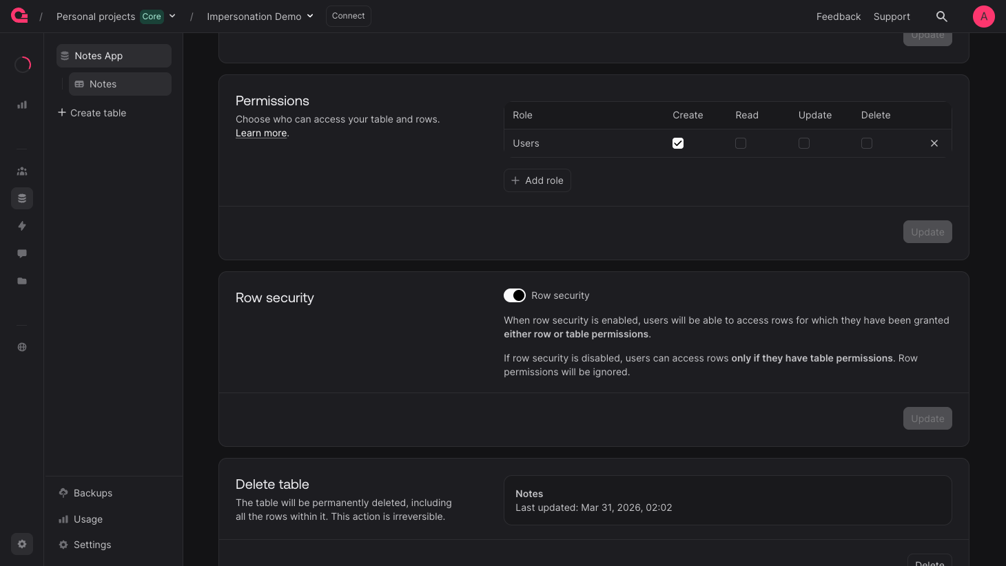 Table permissions and row security settings