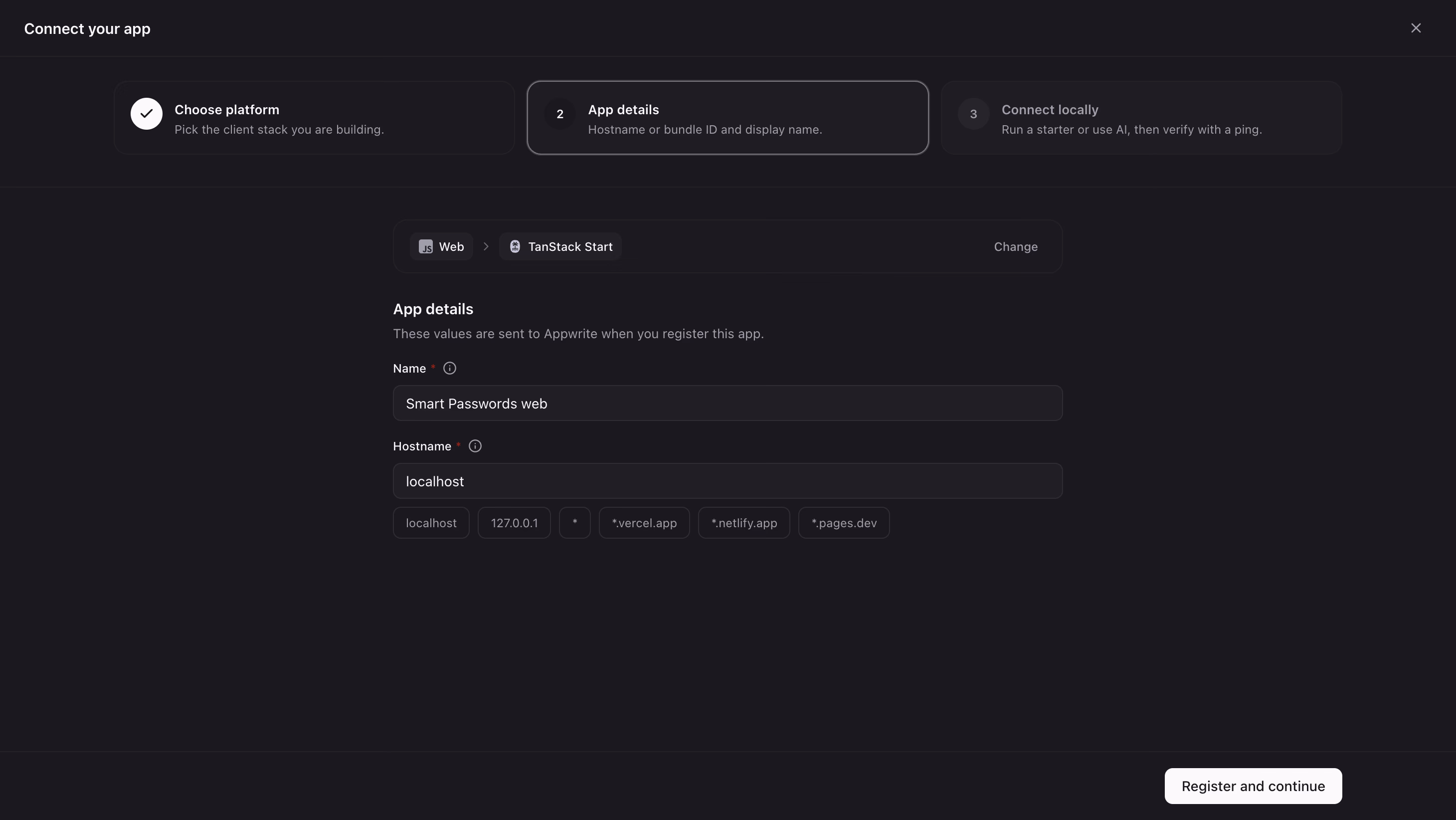 The app details step with the name Smart Passwords web and the hostname localhost