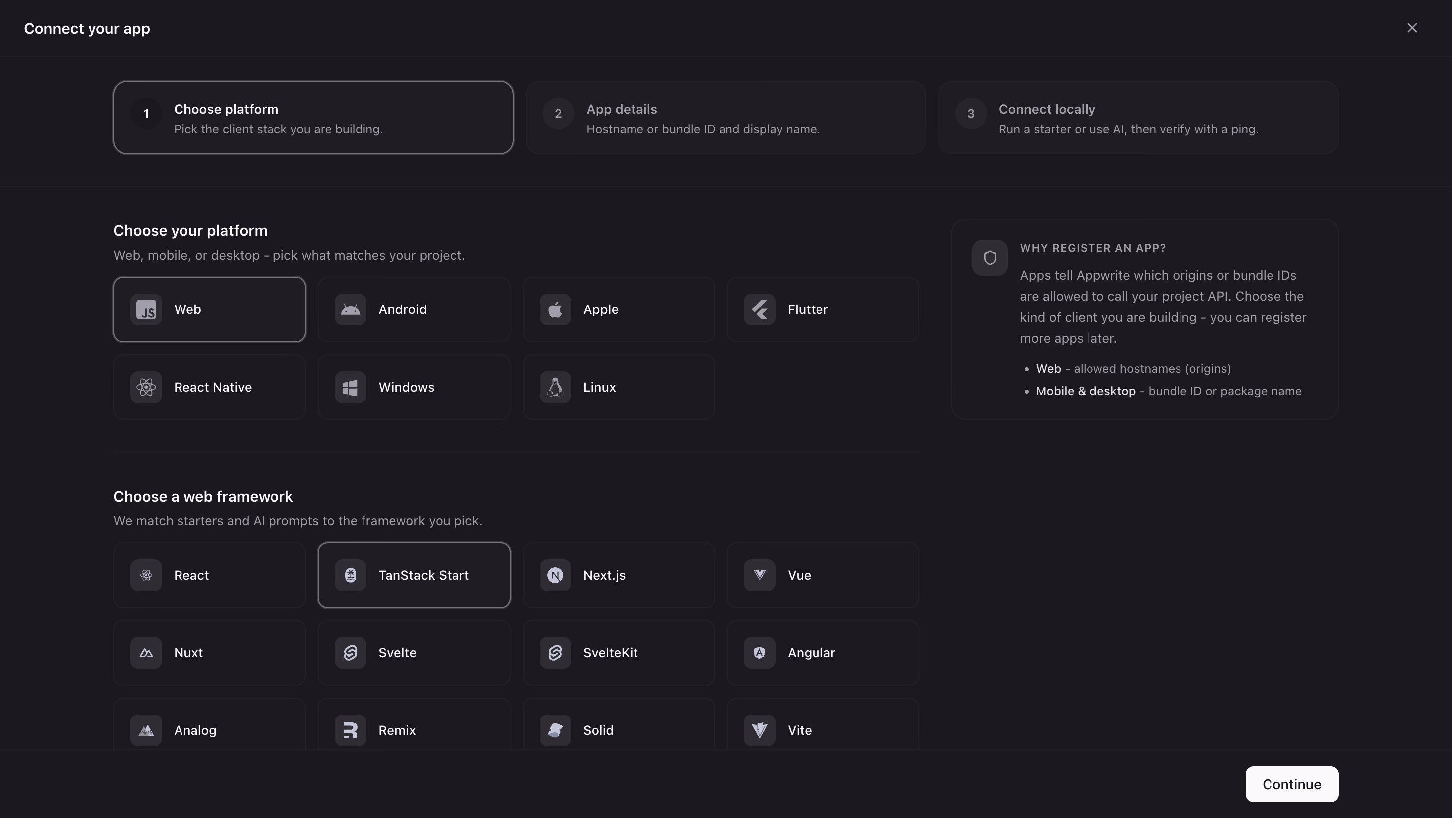 The Connect your app wizard with Web selected as the platform and TanStack Start as the framework