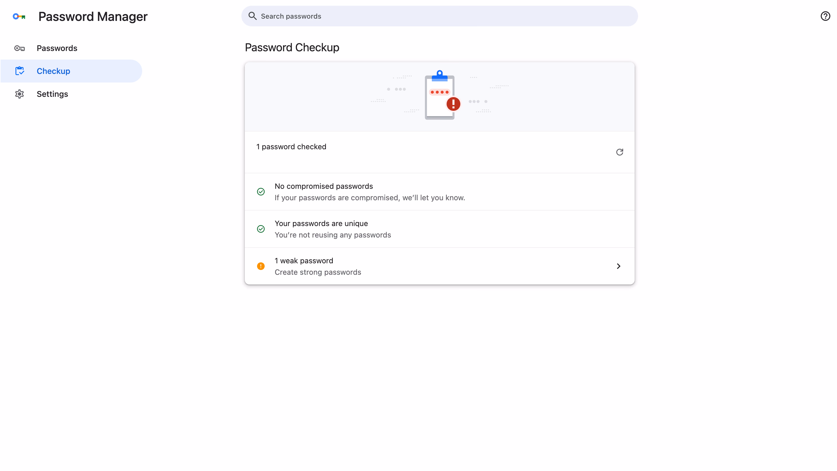 Google Password Manager Checkup showing one password checked and one weak password