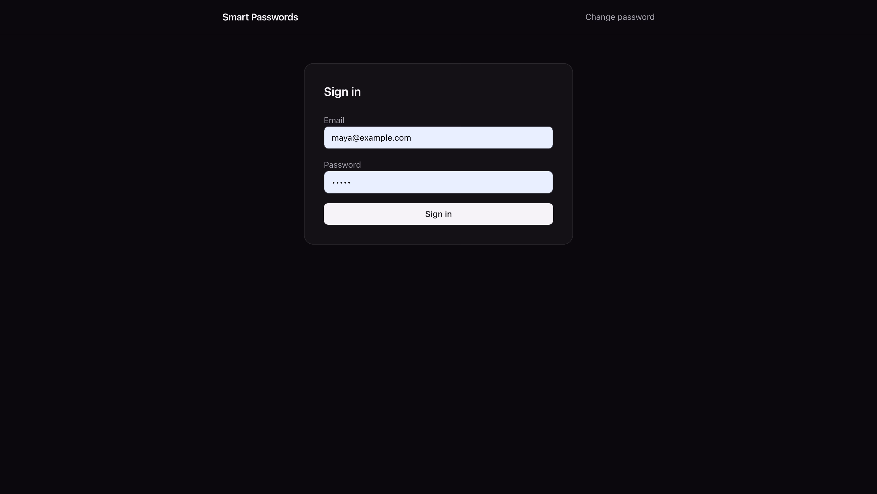 The demo app sign-in page opened by Chrome's Change password button, with the saved email and password autofilled