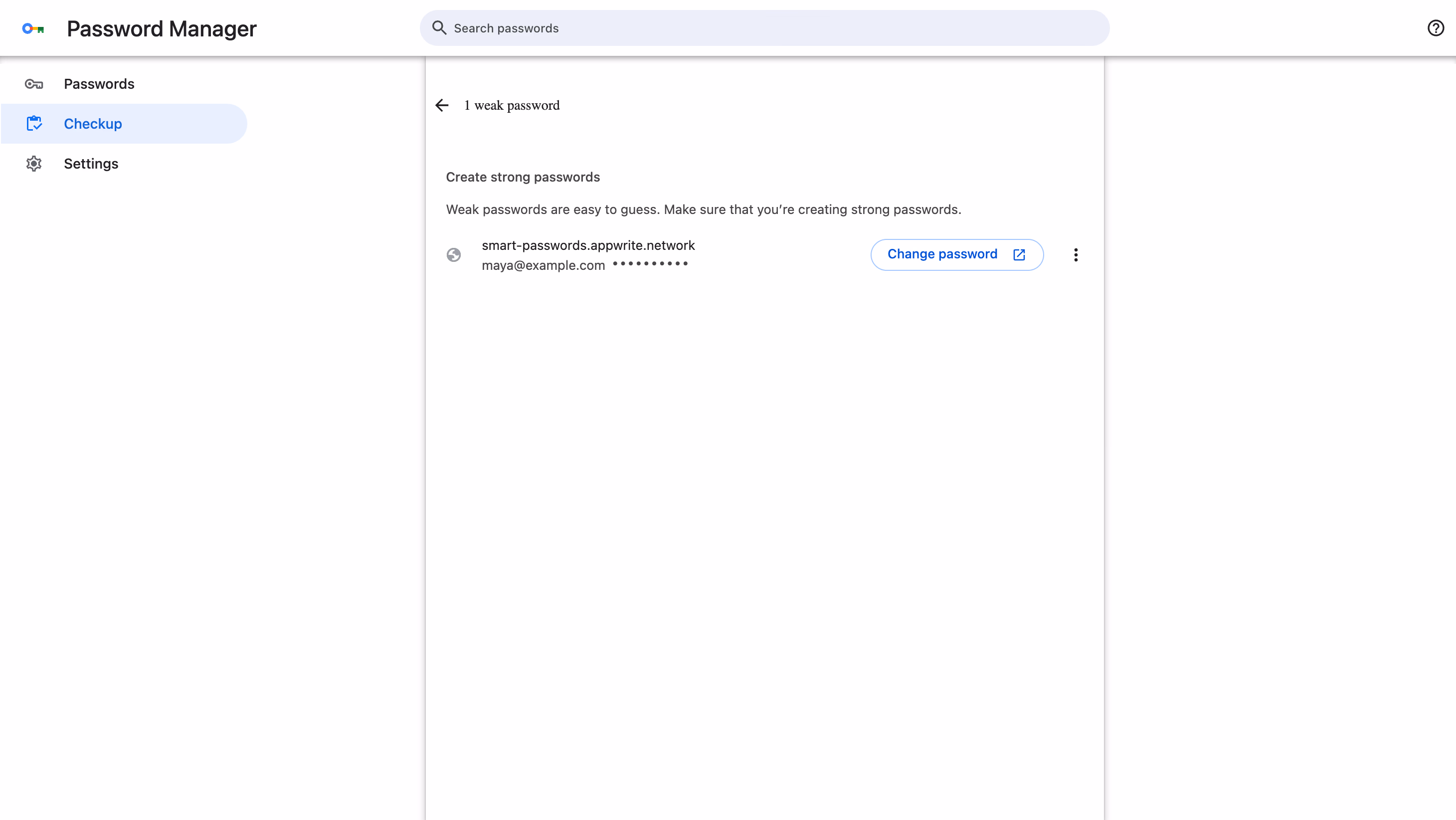 The weak password entry for smart-passwords.appwrite.network with a Change password button