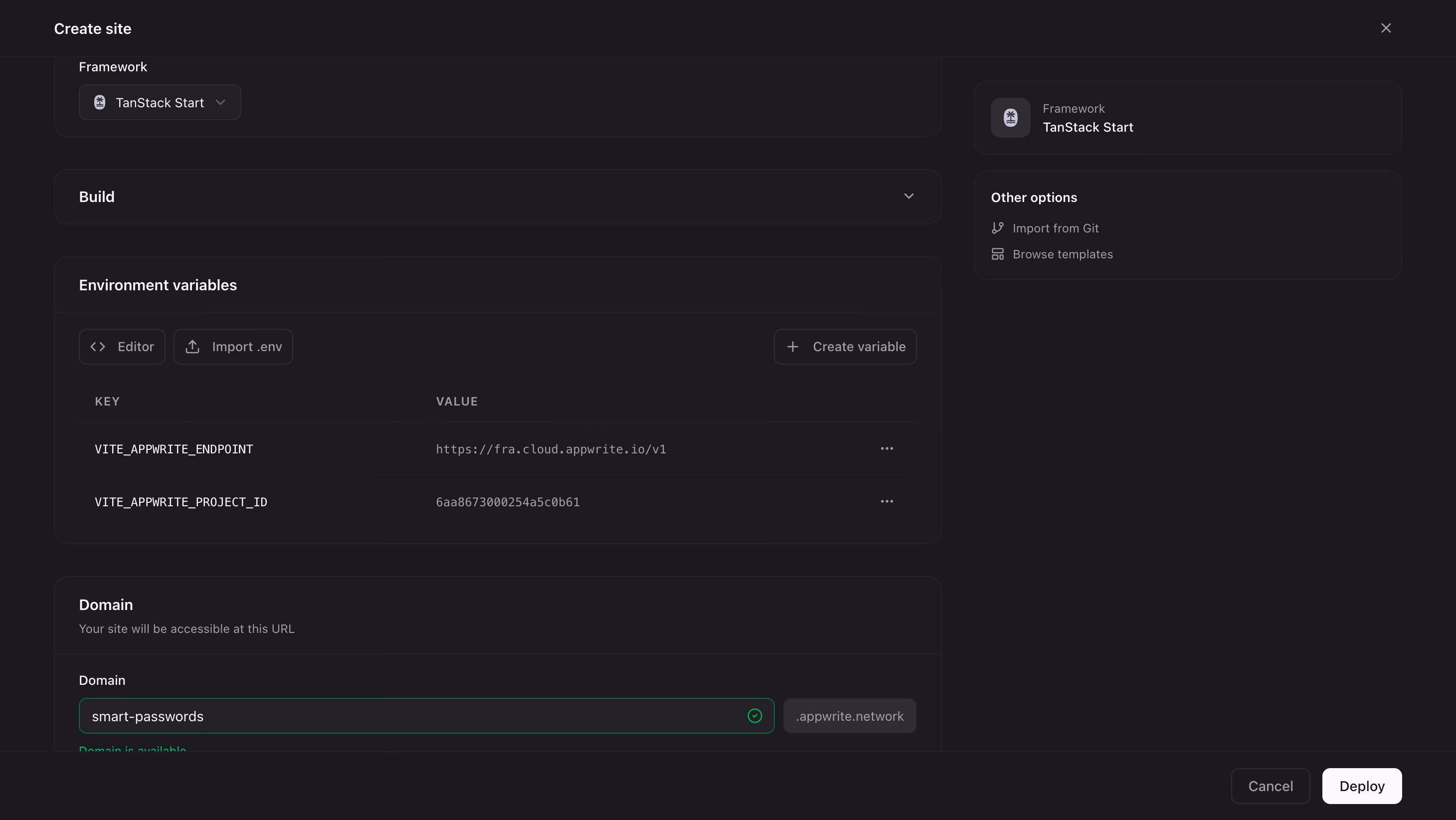 The Create site form with TanStack Start selected, the two VITE environment variables imported, and the domain smart-passwords