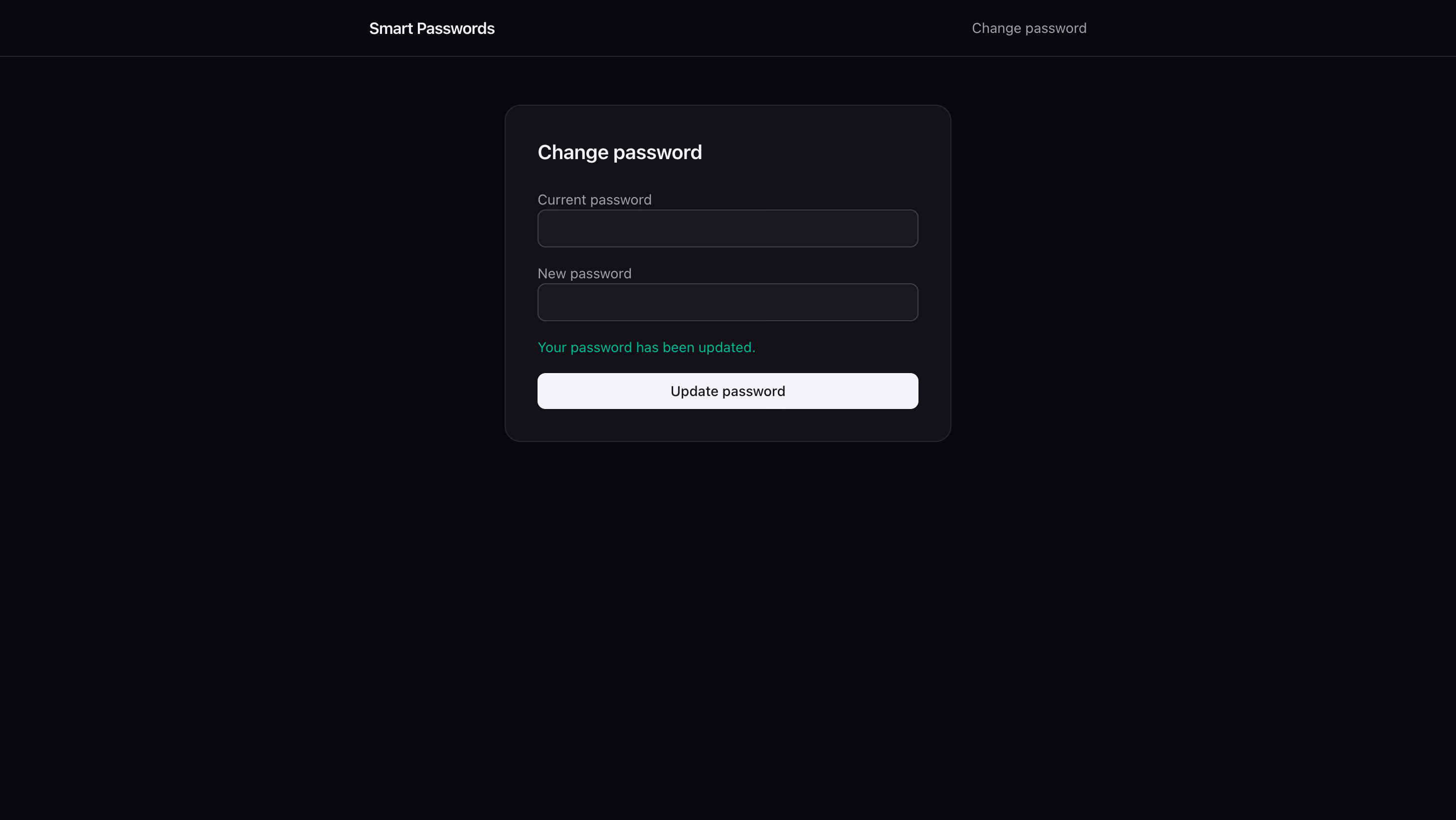 The change password form showing the message Your password has been updated