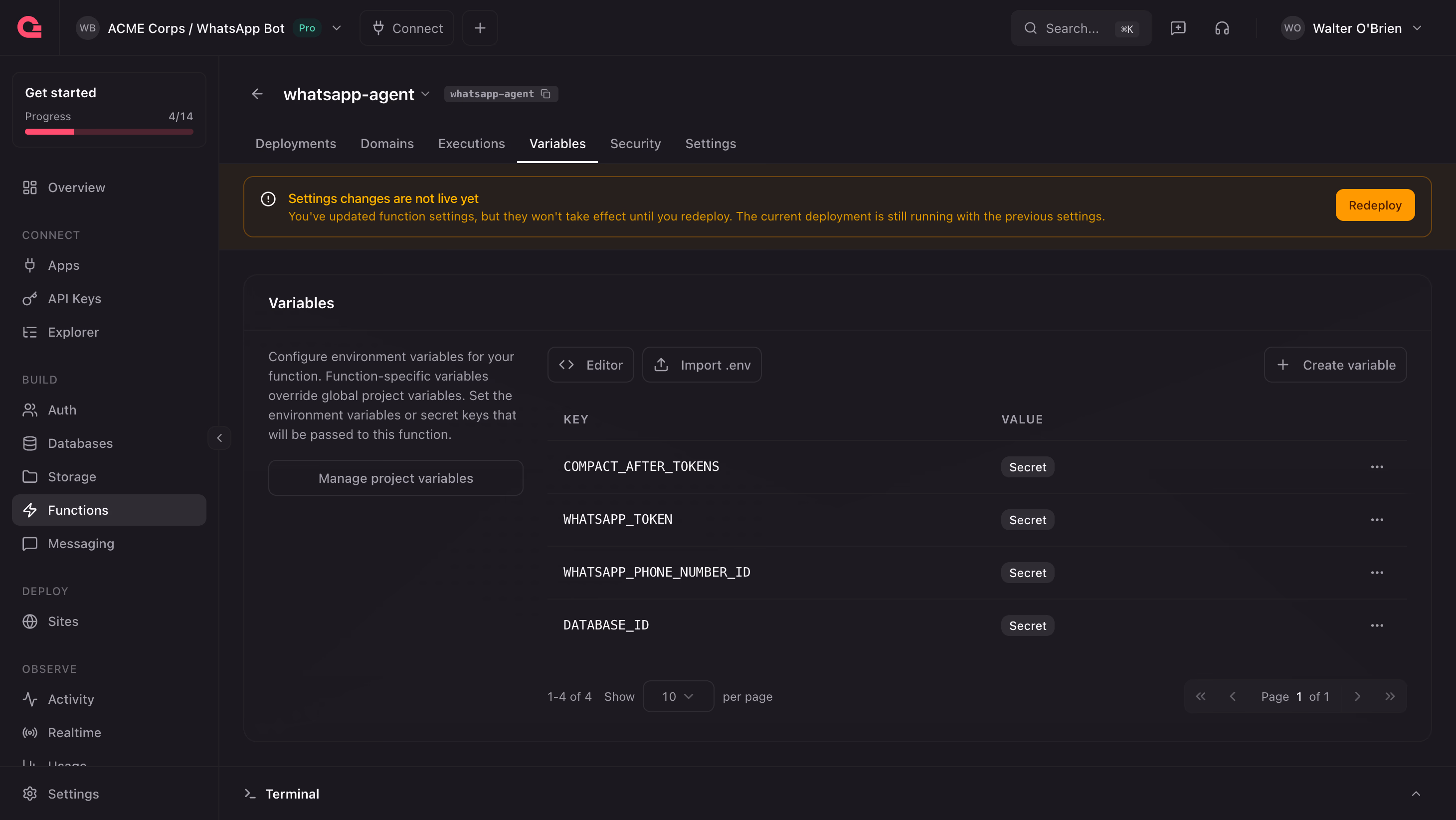 The variables tab of the agent function in the Appwrite Console