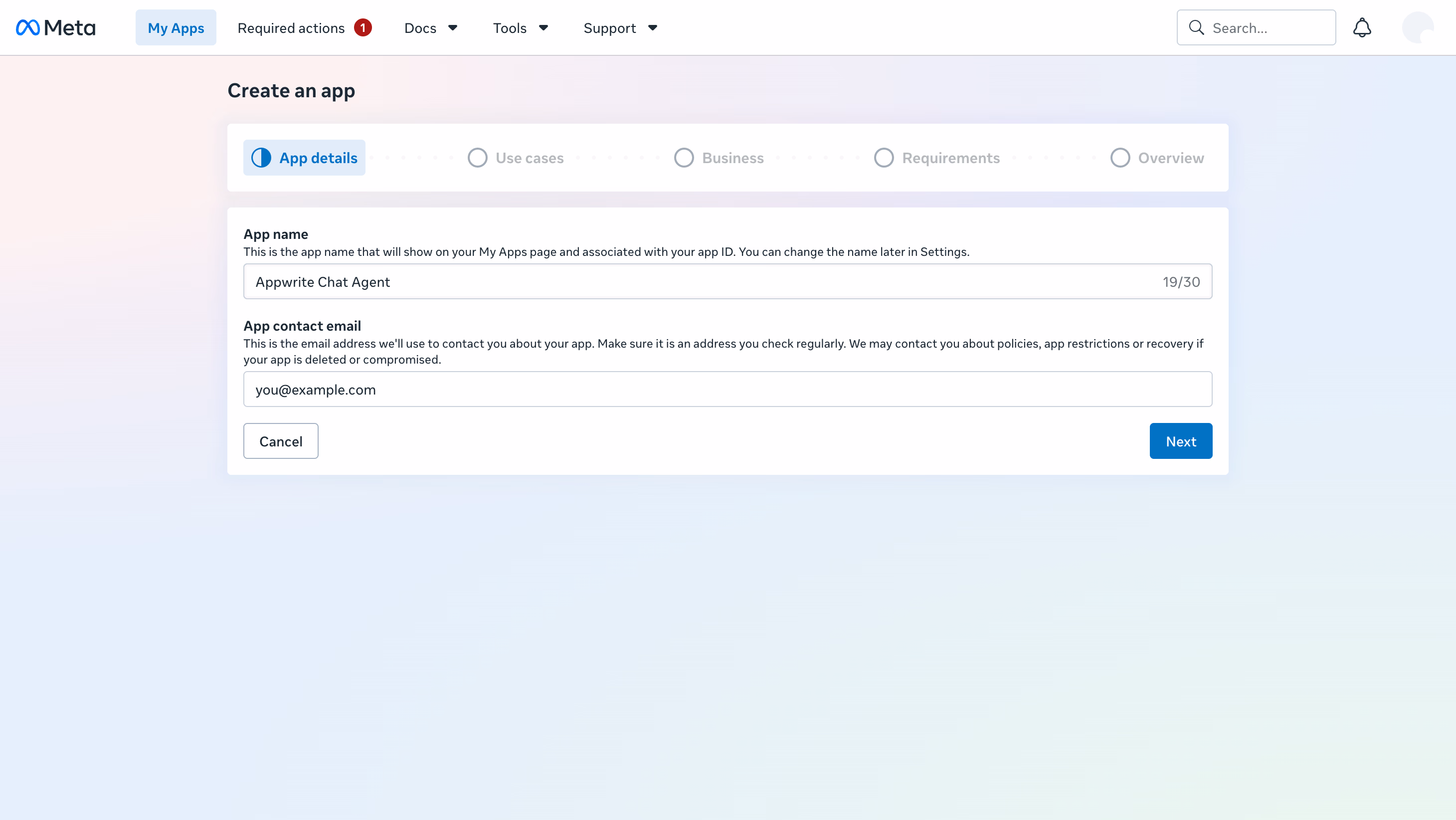 The Meta app creation form with the app name Appwrite Chat Agent