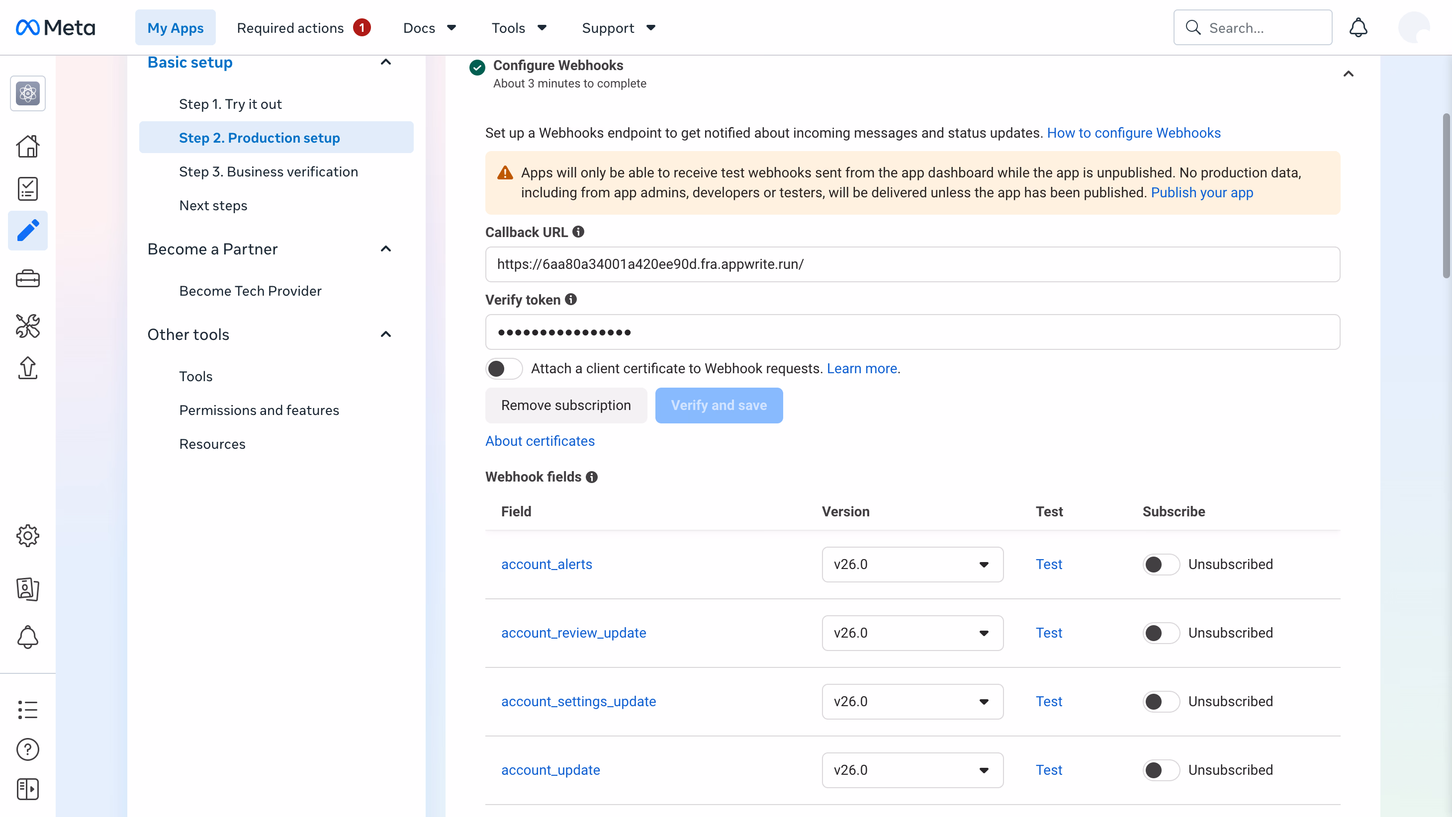 The webhook configuration form in the Meta dashboard with the function domain as the callback URL