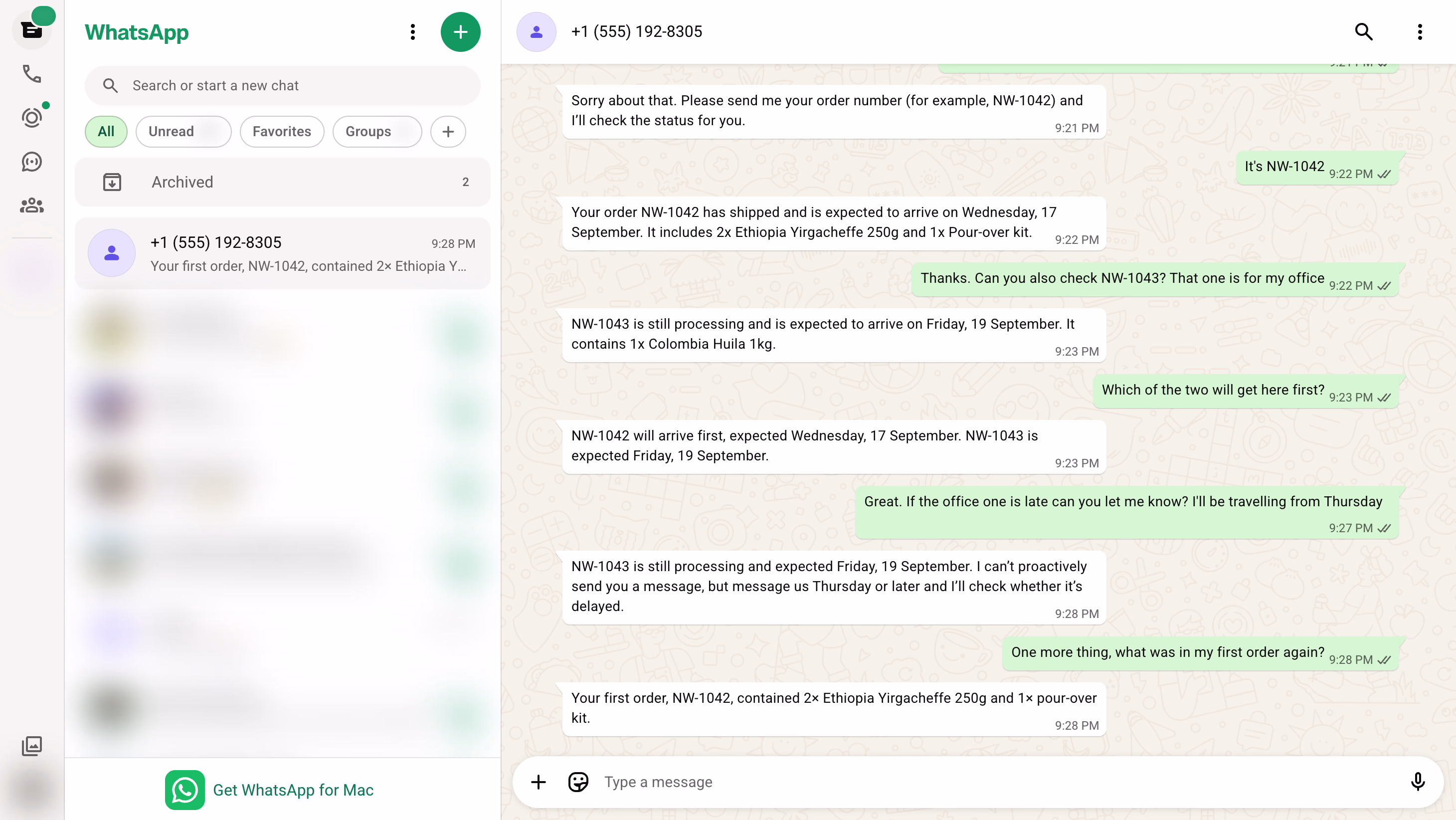 A WhatsApp conversation with the agent answering an order question and remembering earlier context