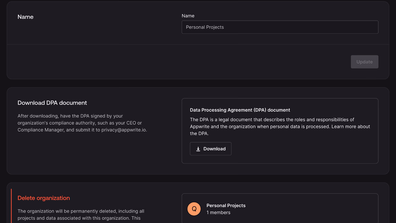 Project settings screen