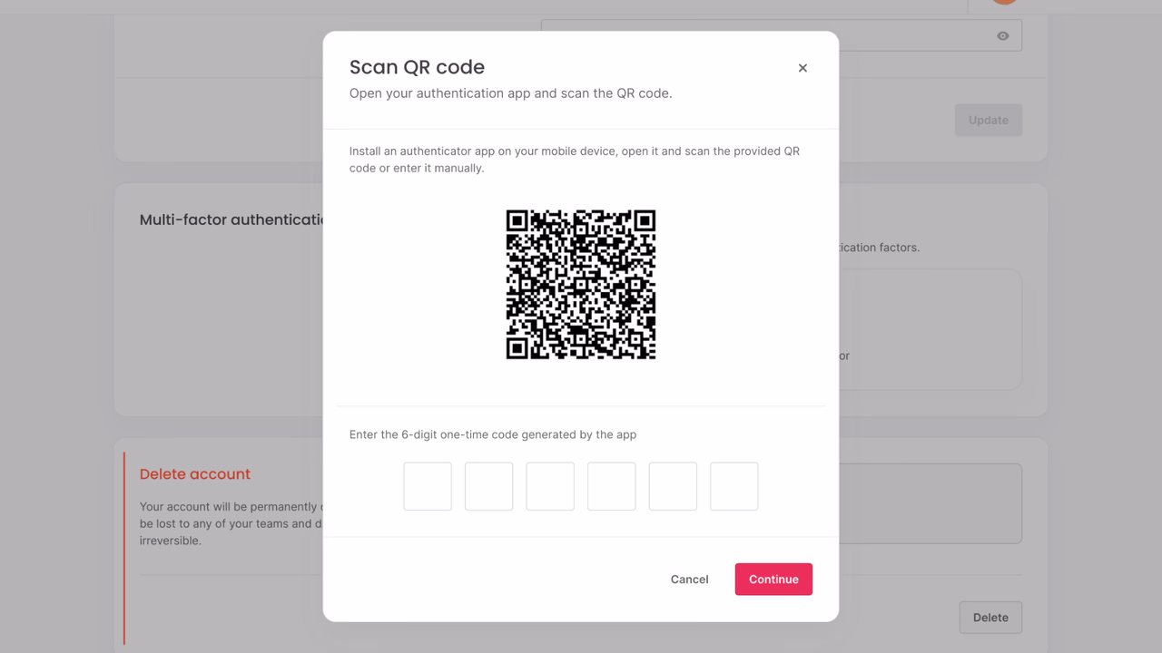 Multi-factor authentication modal