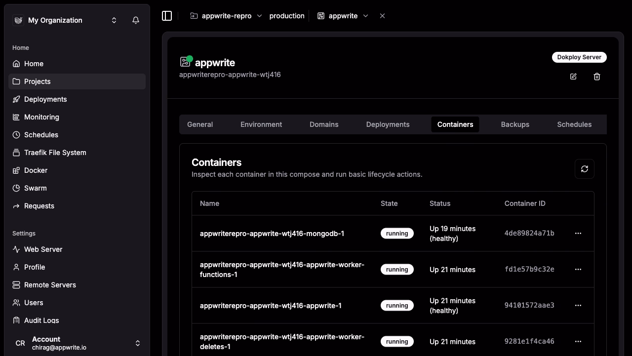Appwrite services running in Dokploy