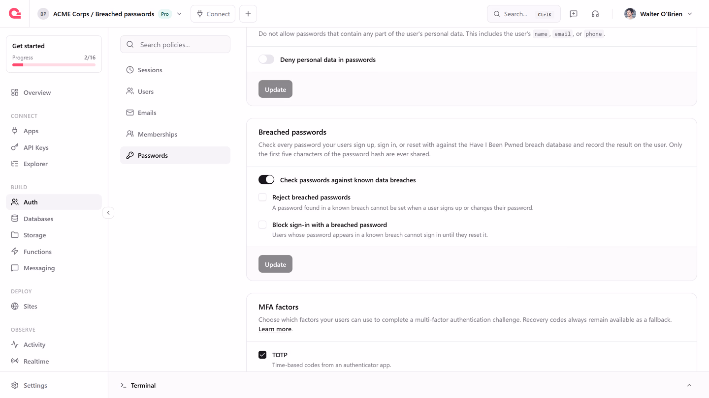 Breached passwords card in the Appwrite Console