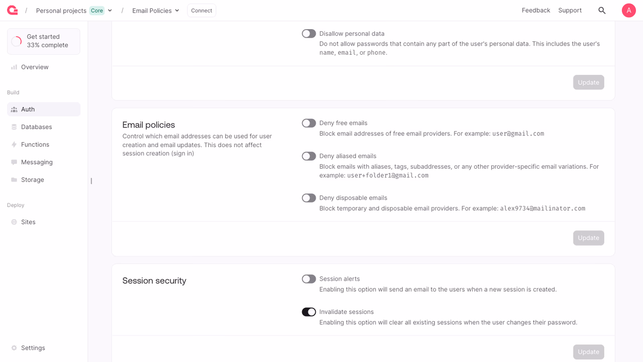 Email policies card in the Appwrite Console