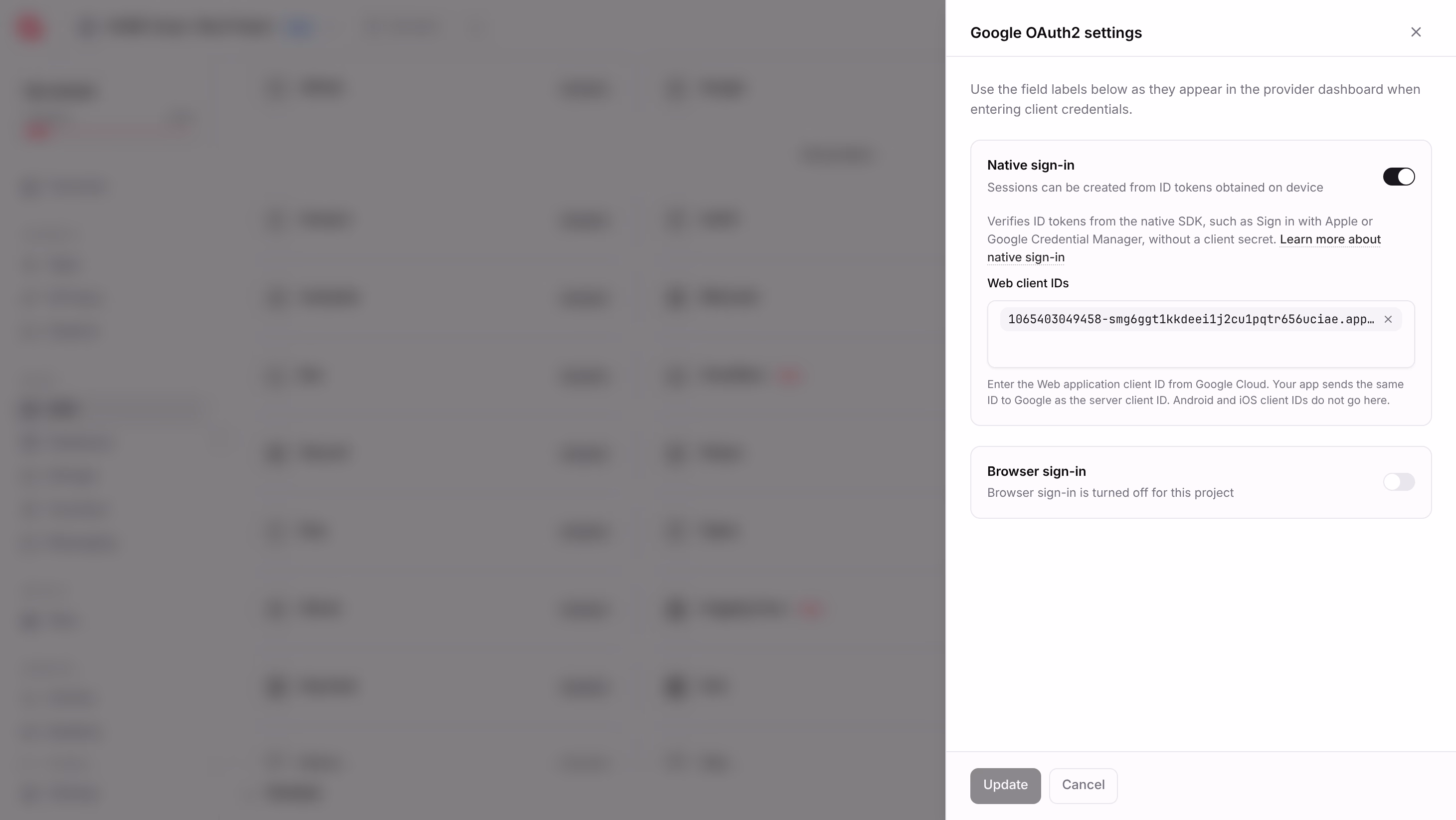 Google provider settings with native sign-in turned on and a web client ID added