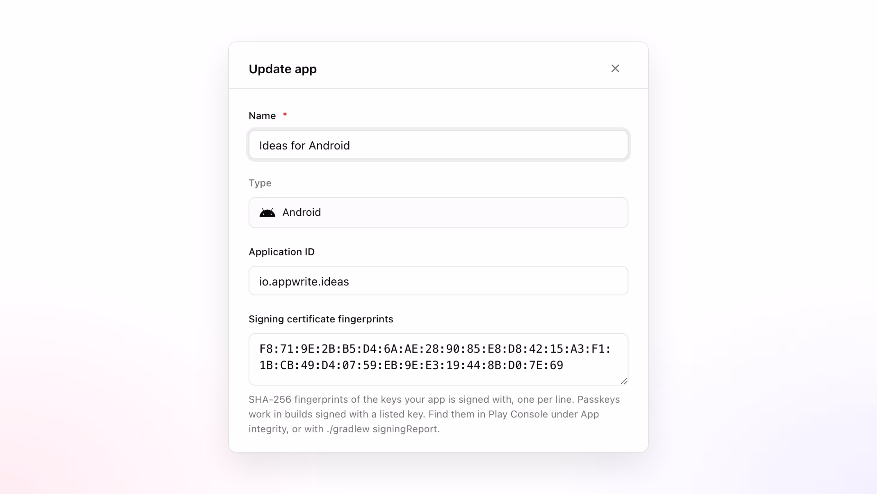 The Update app drawer with signing certificate fingerprints for an Android app