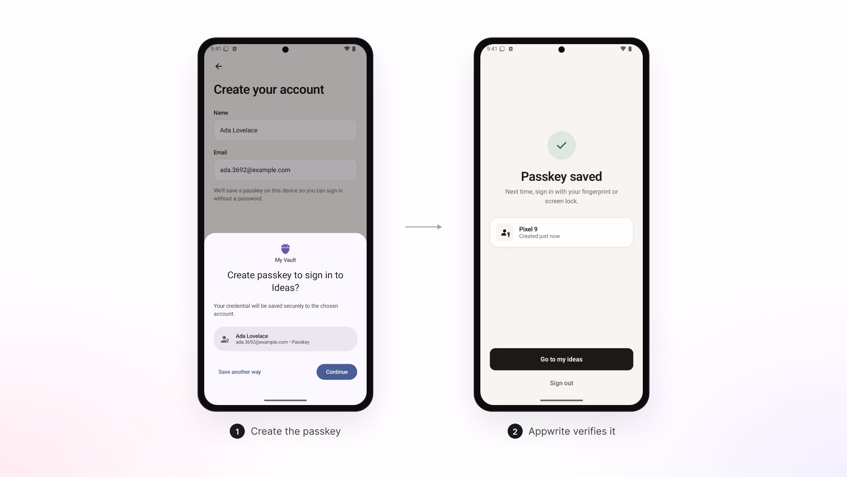 An Android app creating an account, then saving a passkey for it