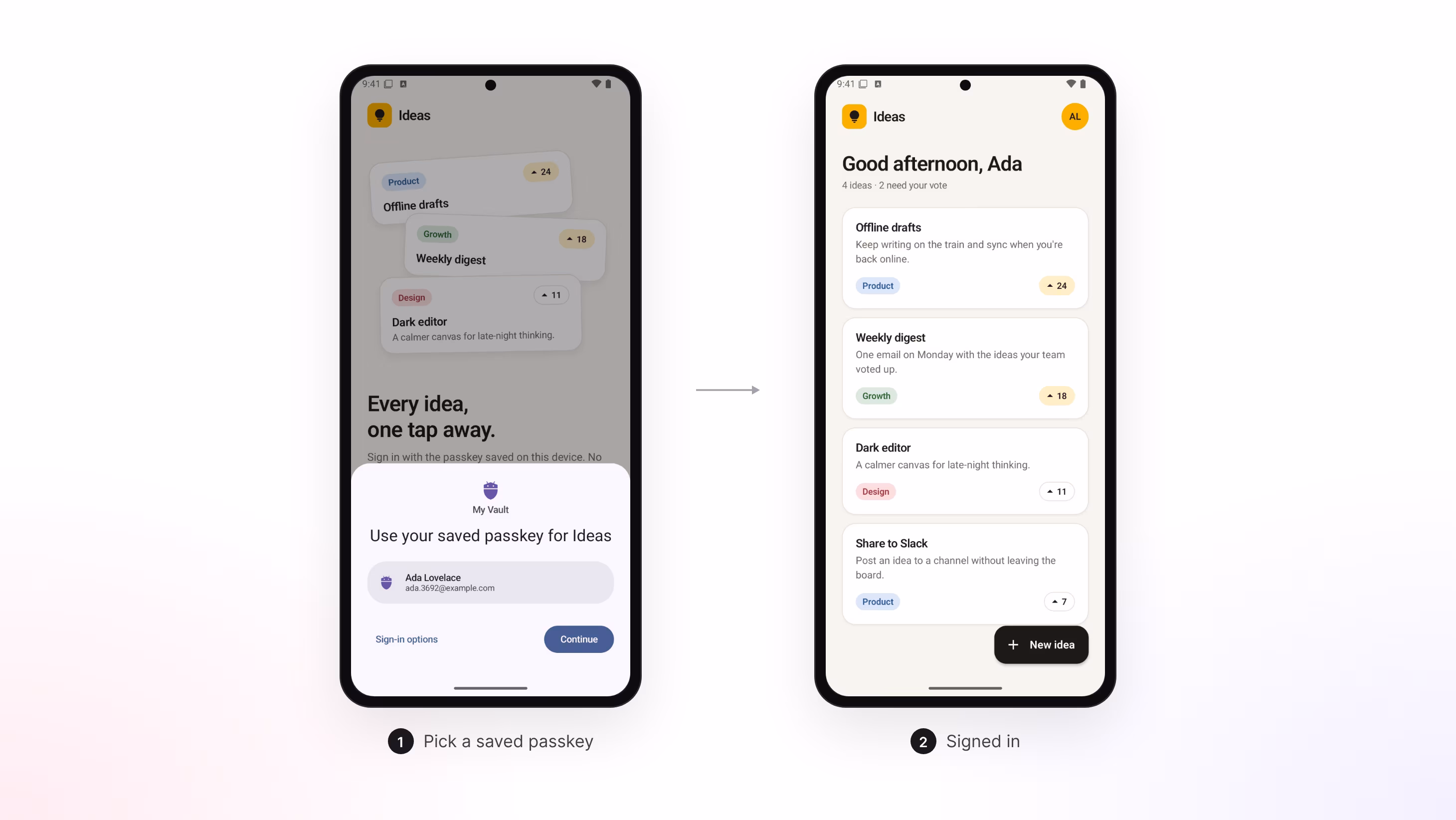 An Android app signing in with a saved passkey from the system sheet