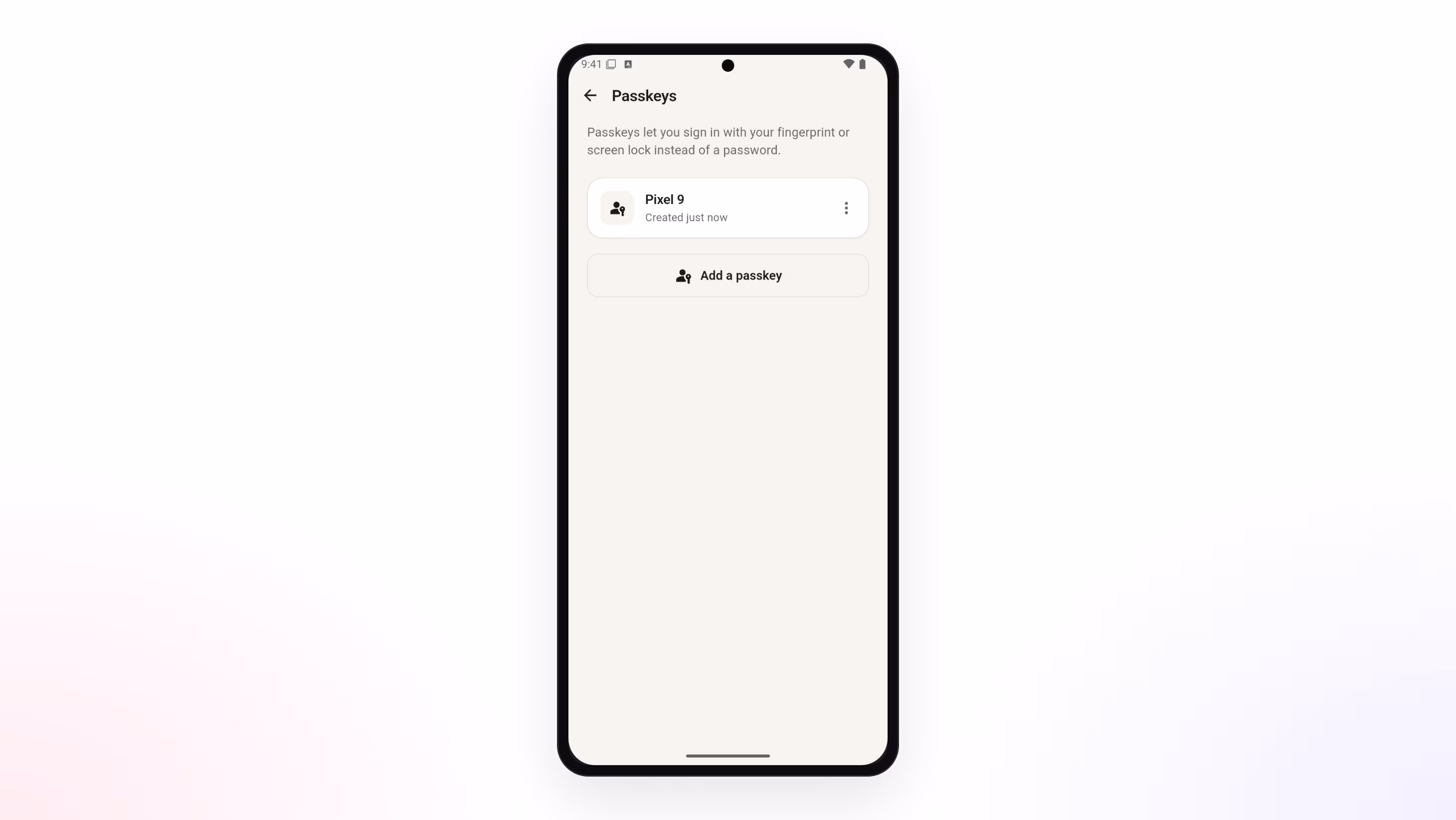 A Flutter app listing the passkeys on the signed-in account
