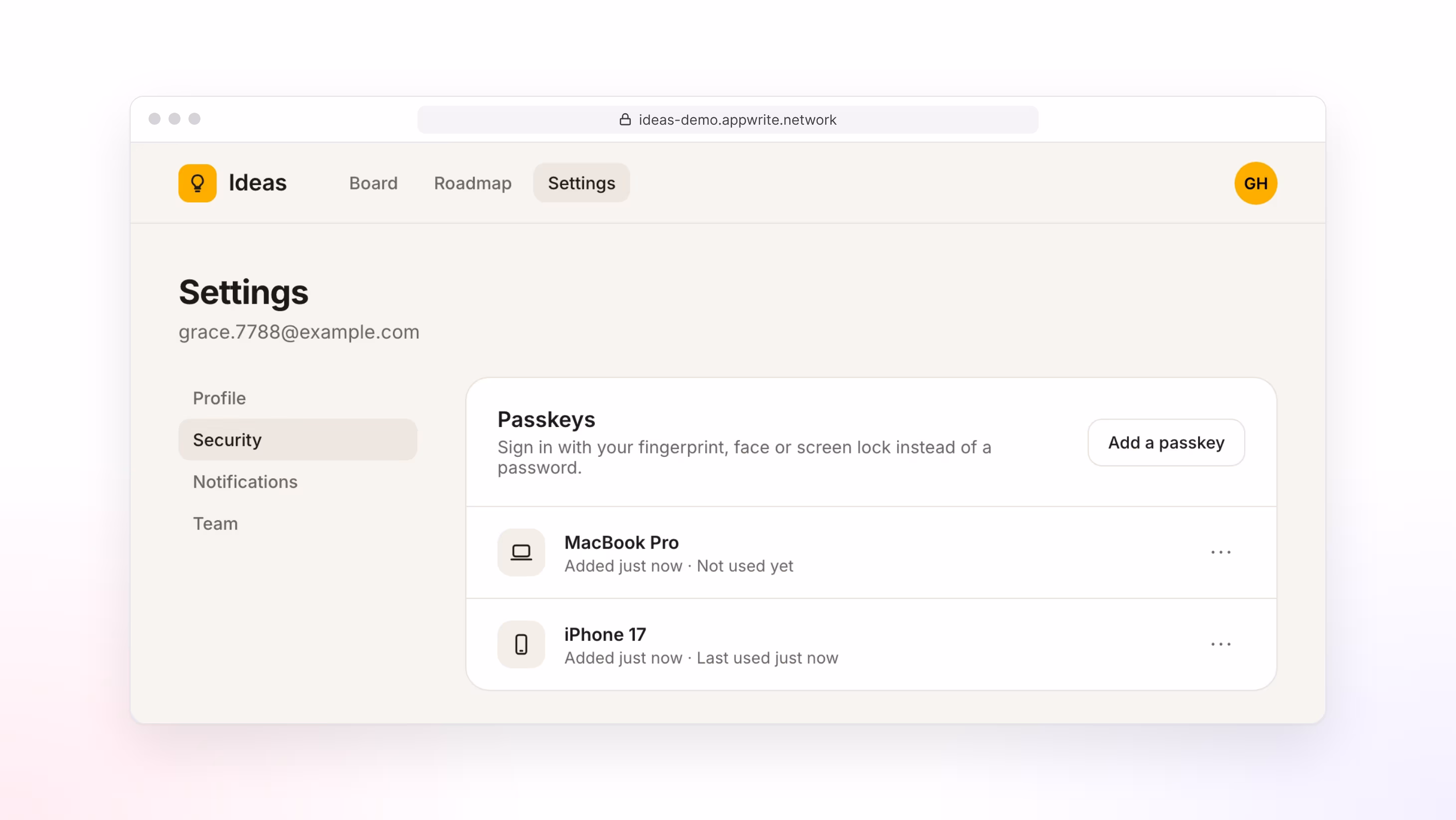 A security settings page listing two passkeys with when each was added and last used