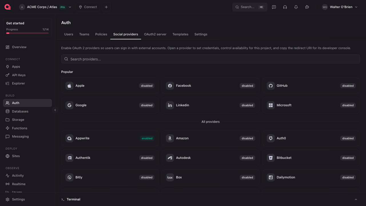 Social providers page with the Appwrite provider
