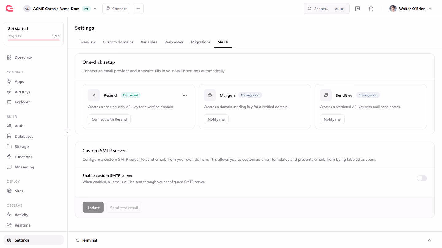 One-click setup card on the SMTP tab