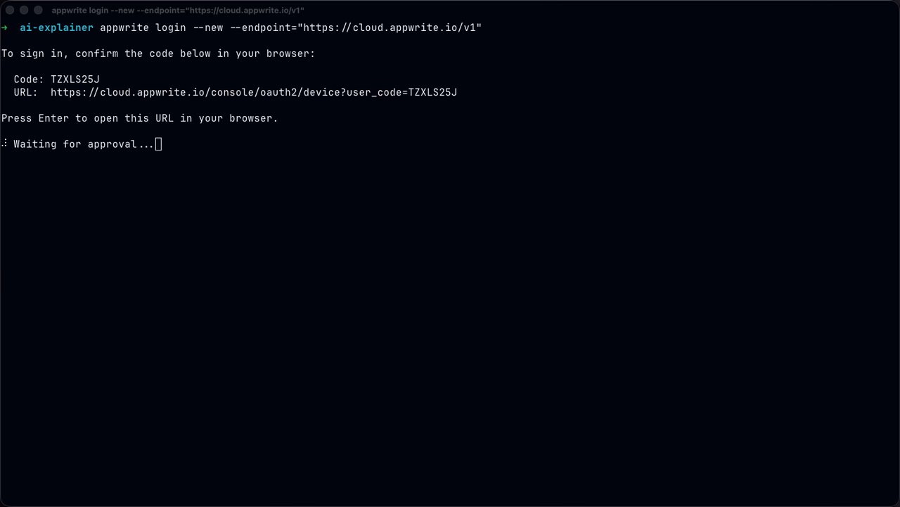 Appwrite CLI login in the terminal