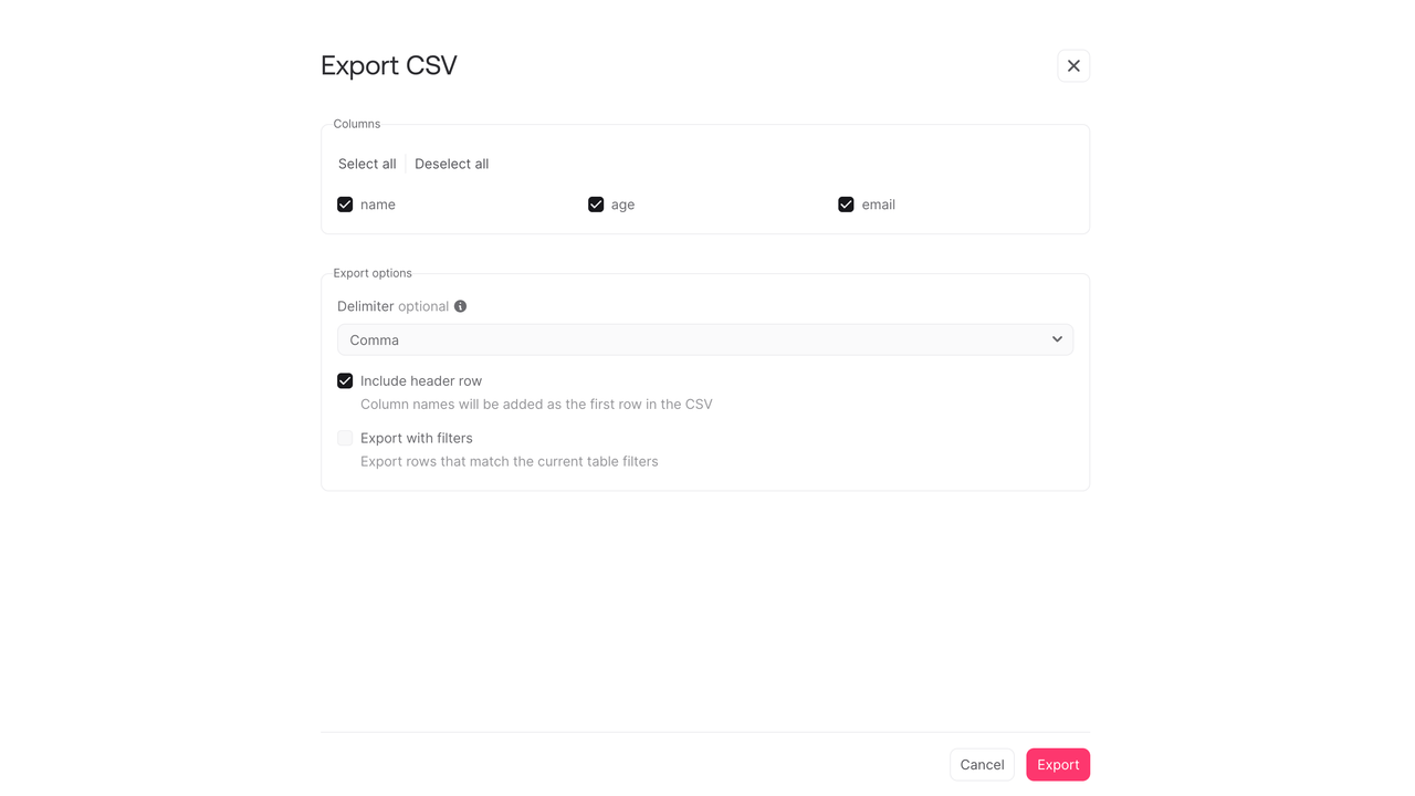 CSV export screen