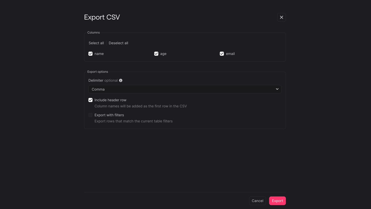 CSV export screen