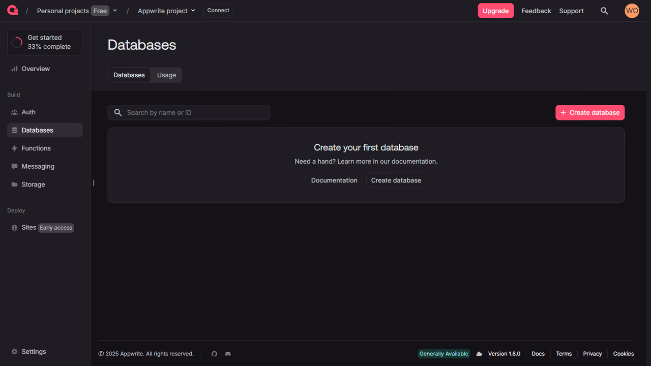 Create databases screen